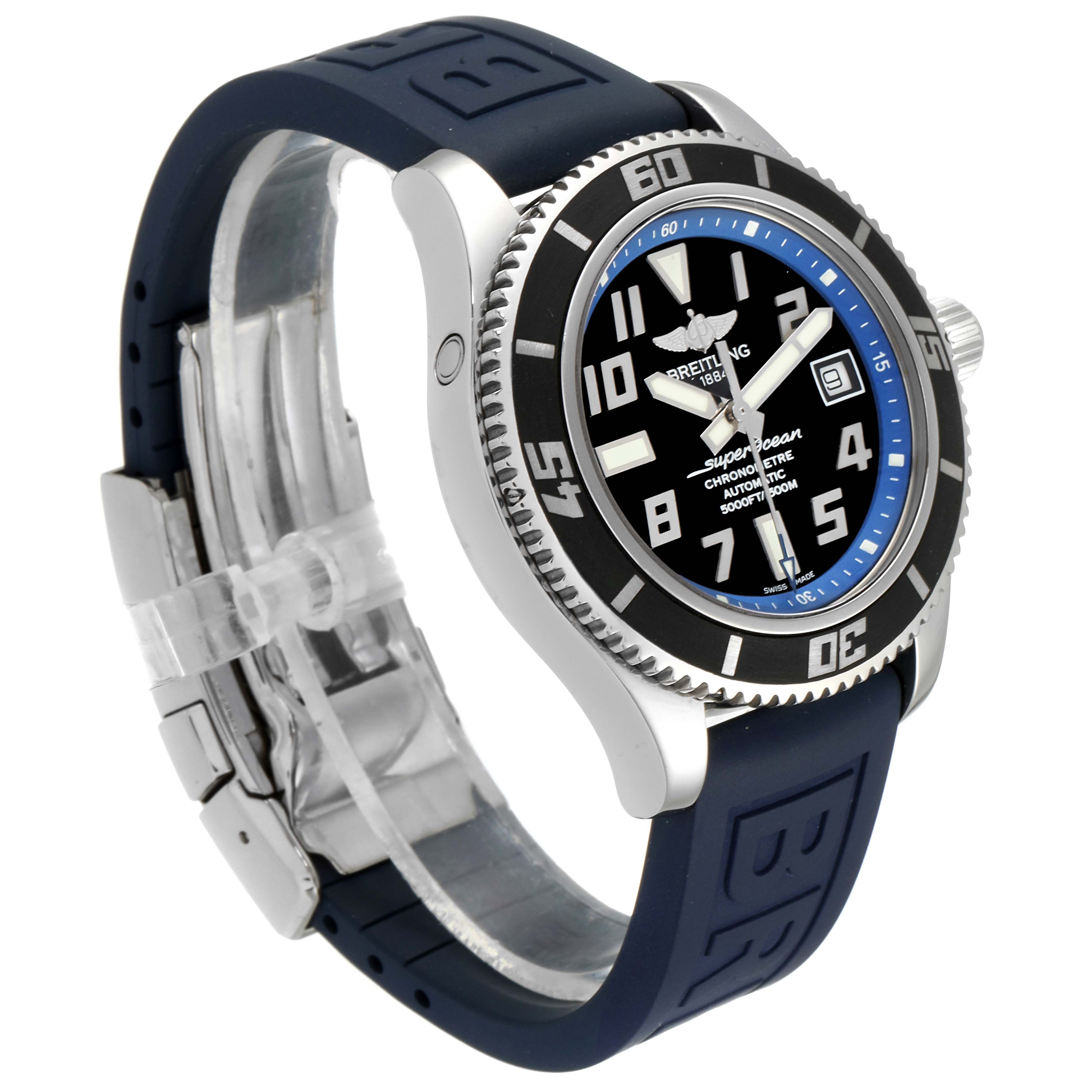 The Breitling Superocean A17364 Men's Stainless Steel Black Dial A17364 Men's Stainless Steel Black Dial watch is shown at a three-quarter angle displaying its bezel, dial, strap, and clasp.