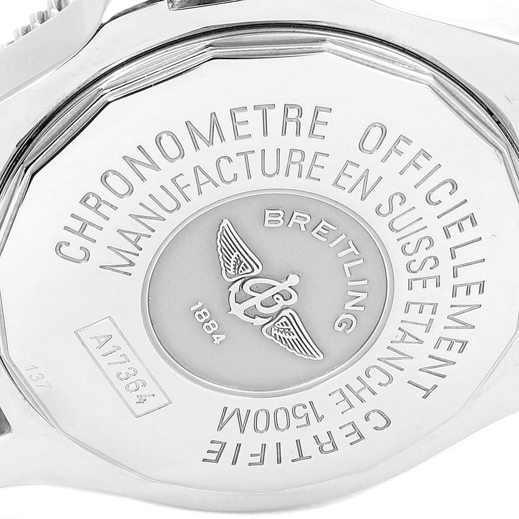 This image shows the back case of a Breitling Superocean A17364 Men's Stainless Steel Black Dial A17364 Men's Stainless Steel Black Dial watch, highlighting engraved details and branding.