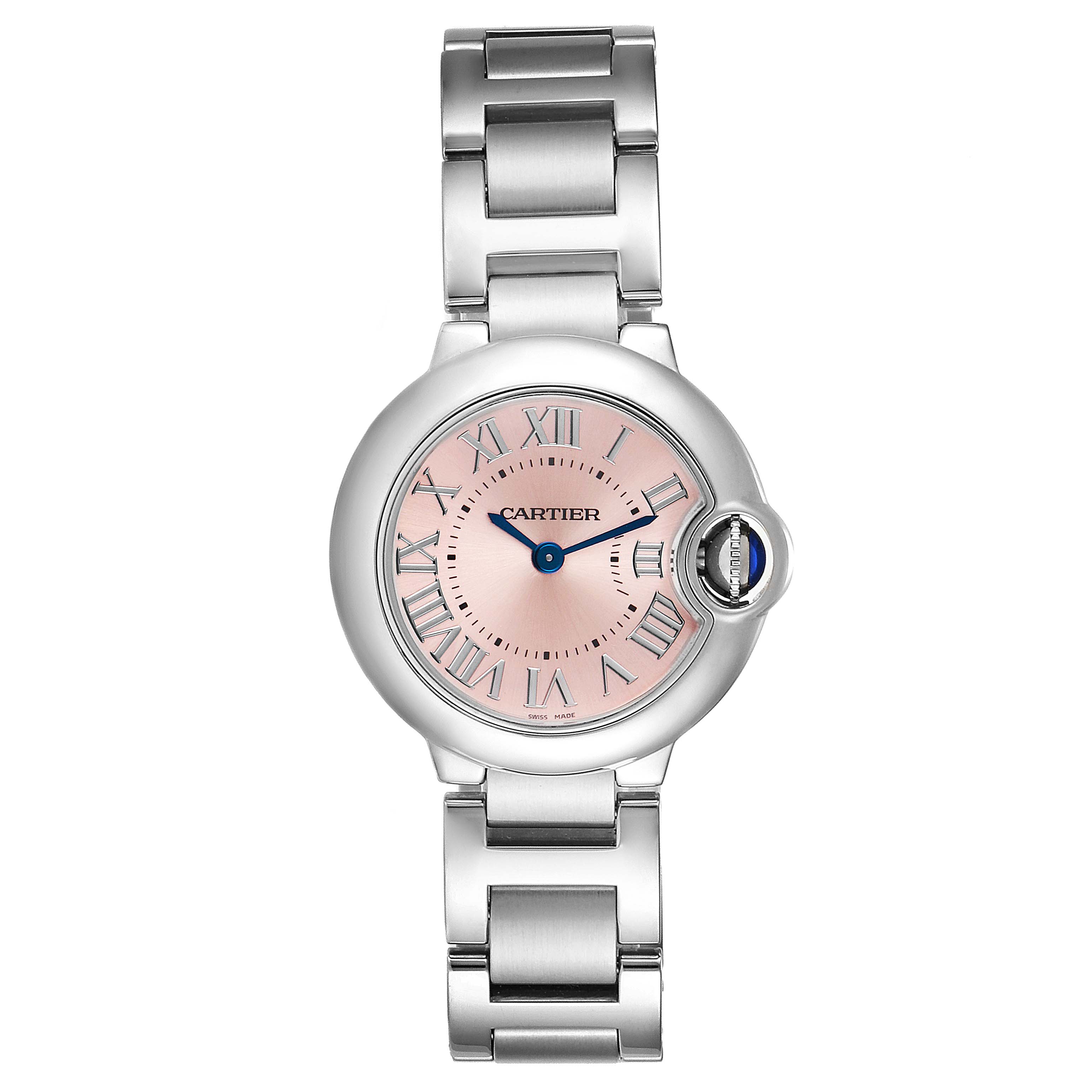 The image shows a front view of the Cartier Ballon Bleu W6920038 Women
s Stainless Steel Pink Dial W6920038 Women
s Stainless Steel Pink Dial watch, highlighting its face, bezel, and bracelet.