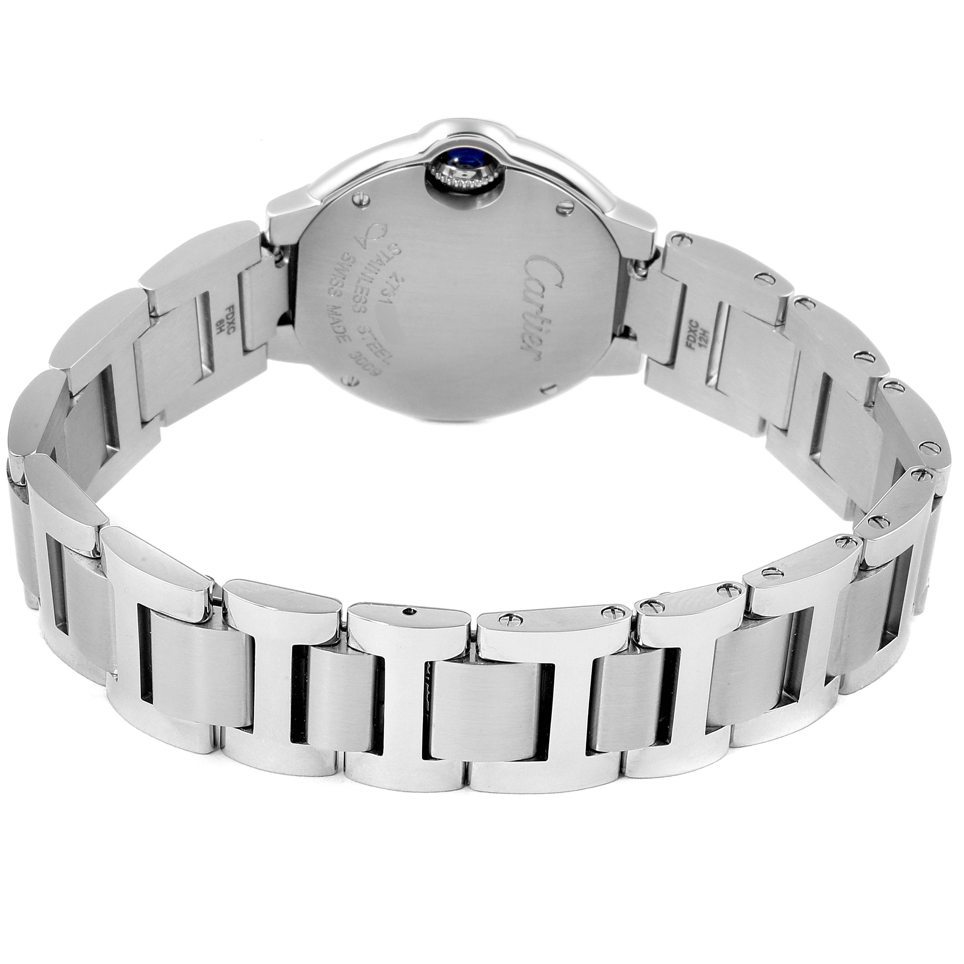 The image shows the back view of the Cartier Ballon Bleu W6920038 Women
s Stainless Steel Pink Dial W6920038 Women
s Stainless Steel Pink Dial watch, highlighting its stainless steel bracelet and case back.