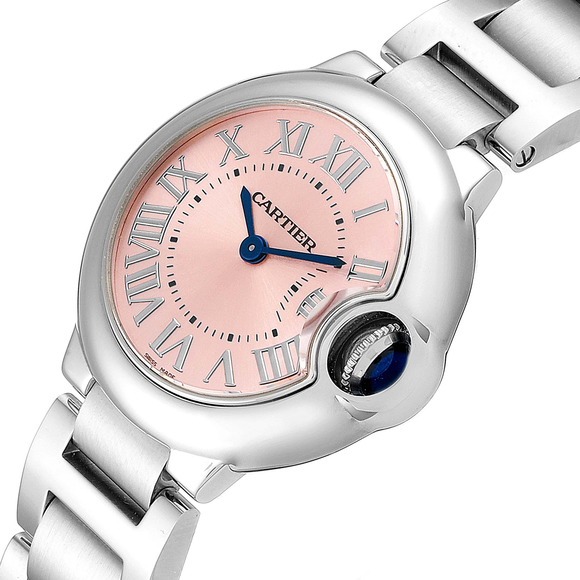 The image shows a close-up of the Cartier Ballon Bleu W6920038 Women
s Stainless Steel Pink Dial W6920038 Women
s Stainless Steel Pink Dial
s face and part of its metal bracelet at an angle highlighting the dial and crown.