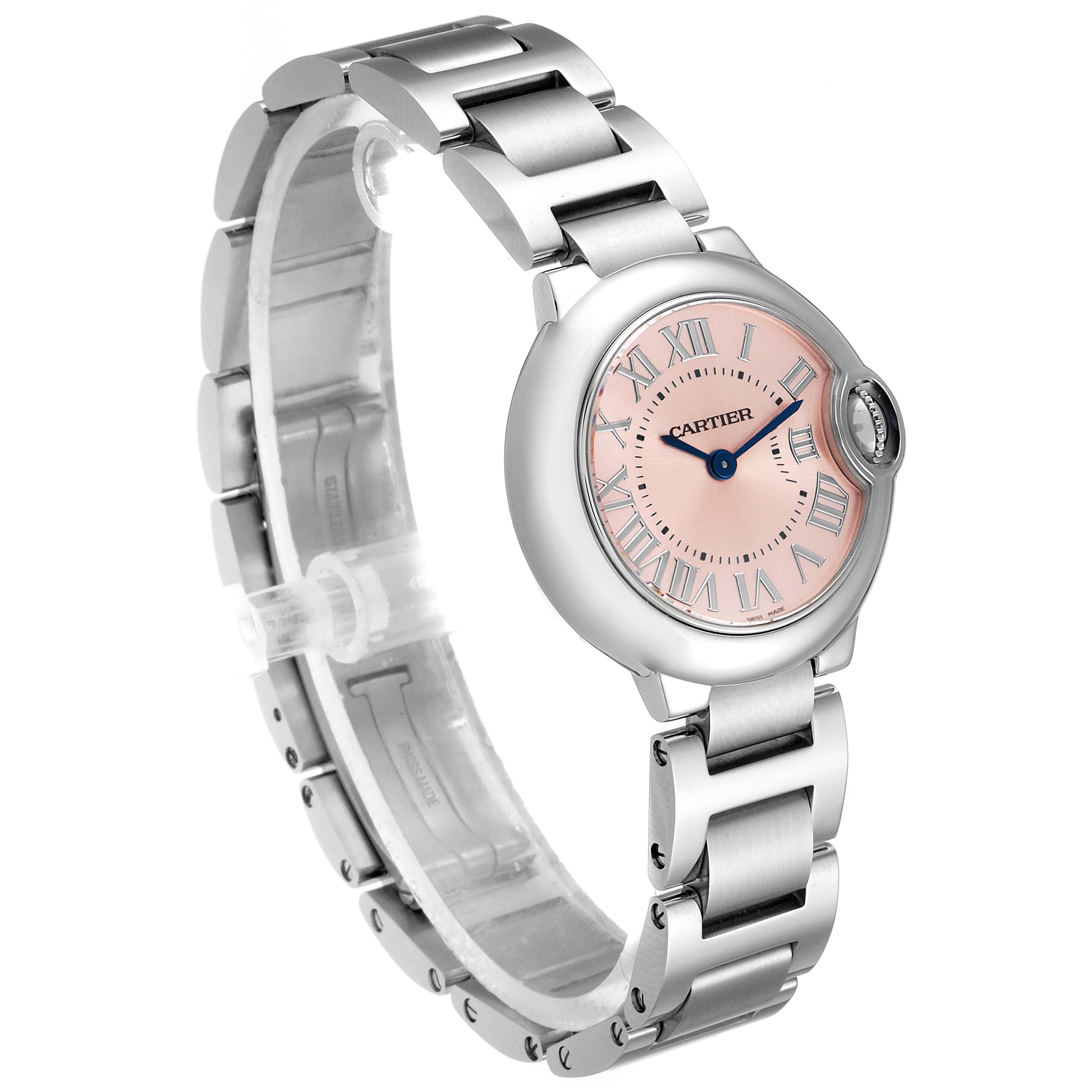 The image shows a Cartier Ballon Bleu W6920038 Women
s Stainless Steel Pink Dial W6920038 Women
s Stainless Steel Pink Dial watch at a three-quarter angle, highlighting its face, bezel, and metal bracelet.