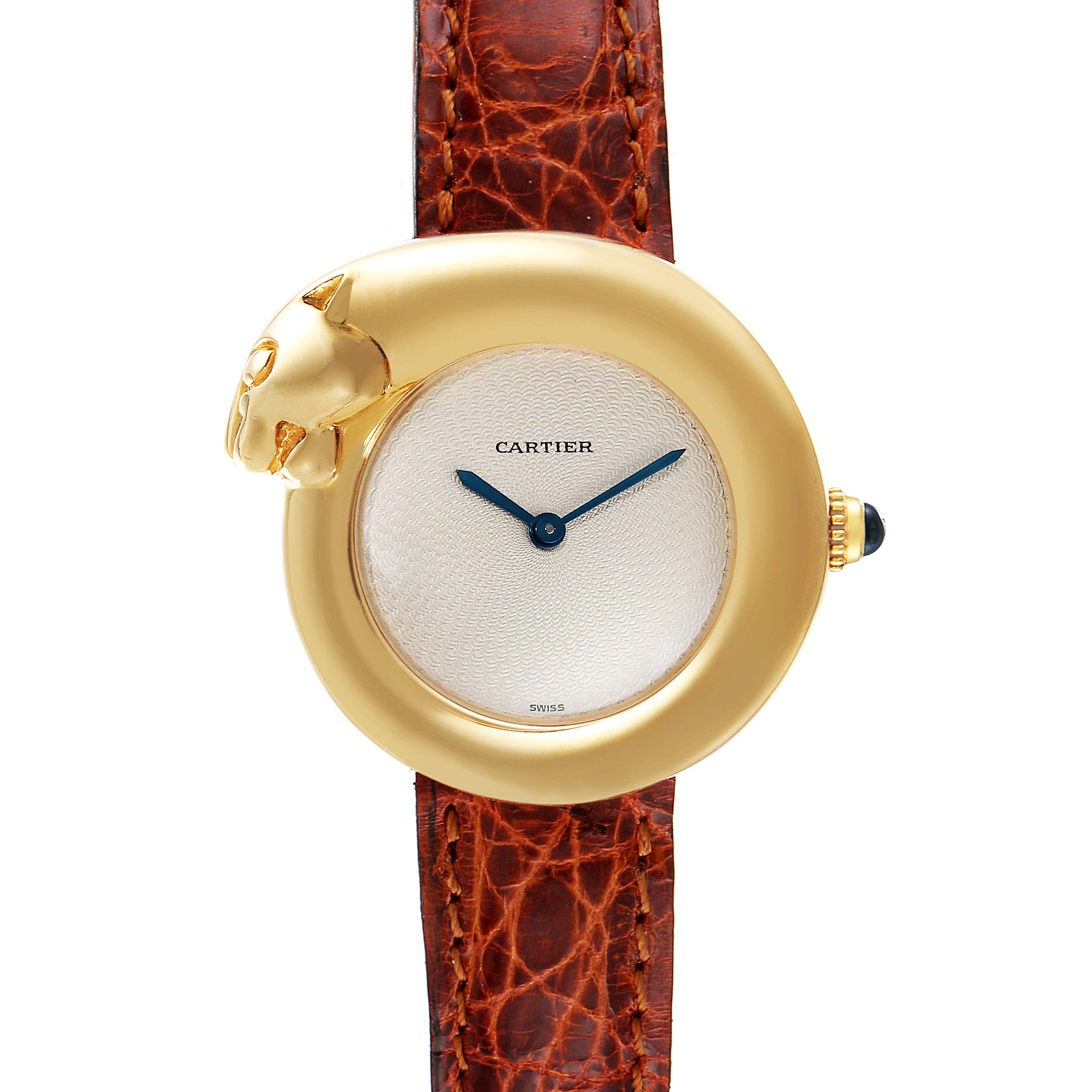 This image shows a frontal view of a Cartier Panthere 2325 Women's Yellow Gold Silver Dial 2325 Women's Yellow Gold Silver Dial watch featuring a gold case and a brown leather strap.