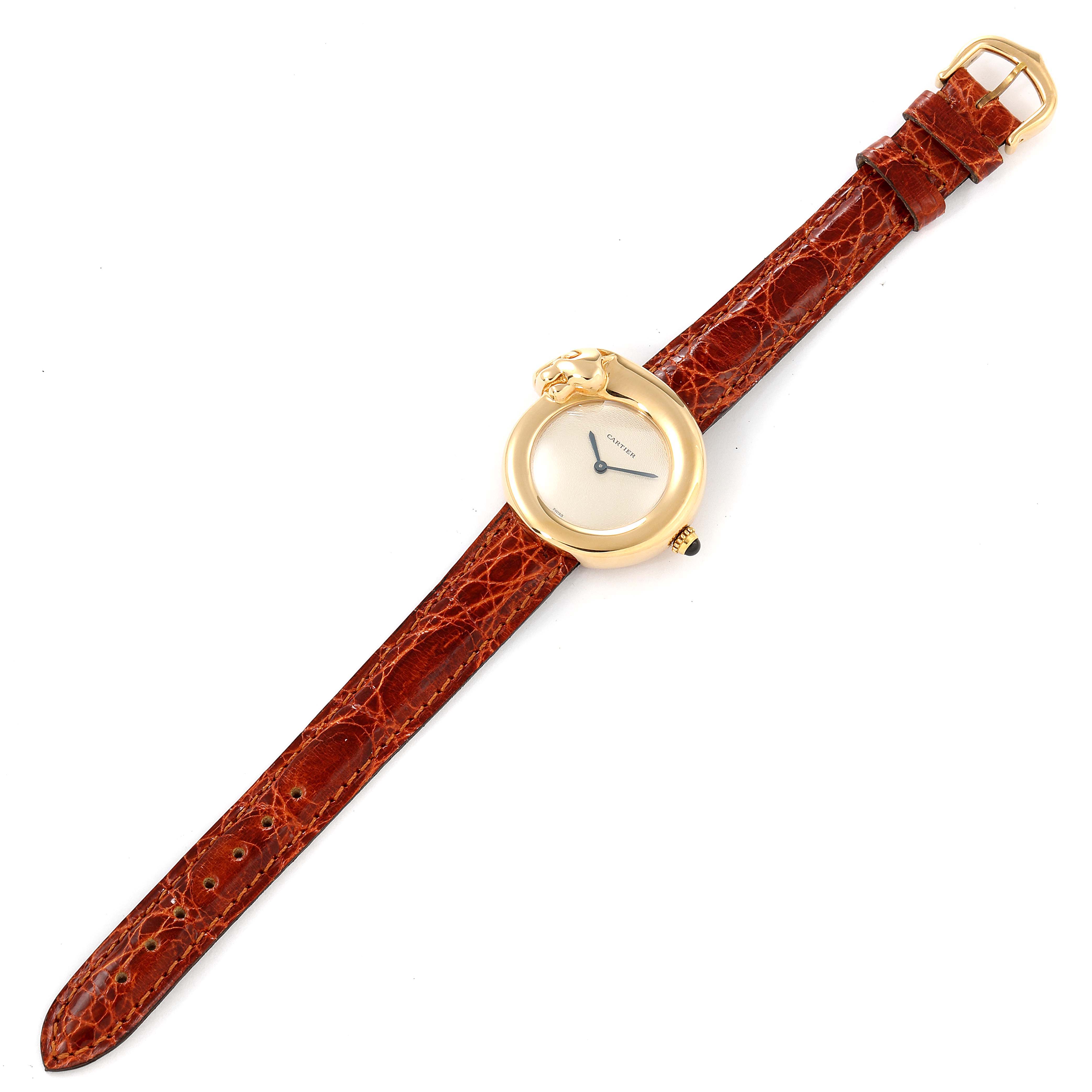 The image shows a full view of a Cartier Panthere 2325 Women's Yellow Gold Silver Dial 2325 Women's Yellow Gold Silver Dial watch with a gold case and brown leather strap, captured from the top.