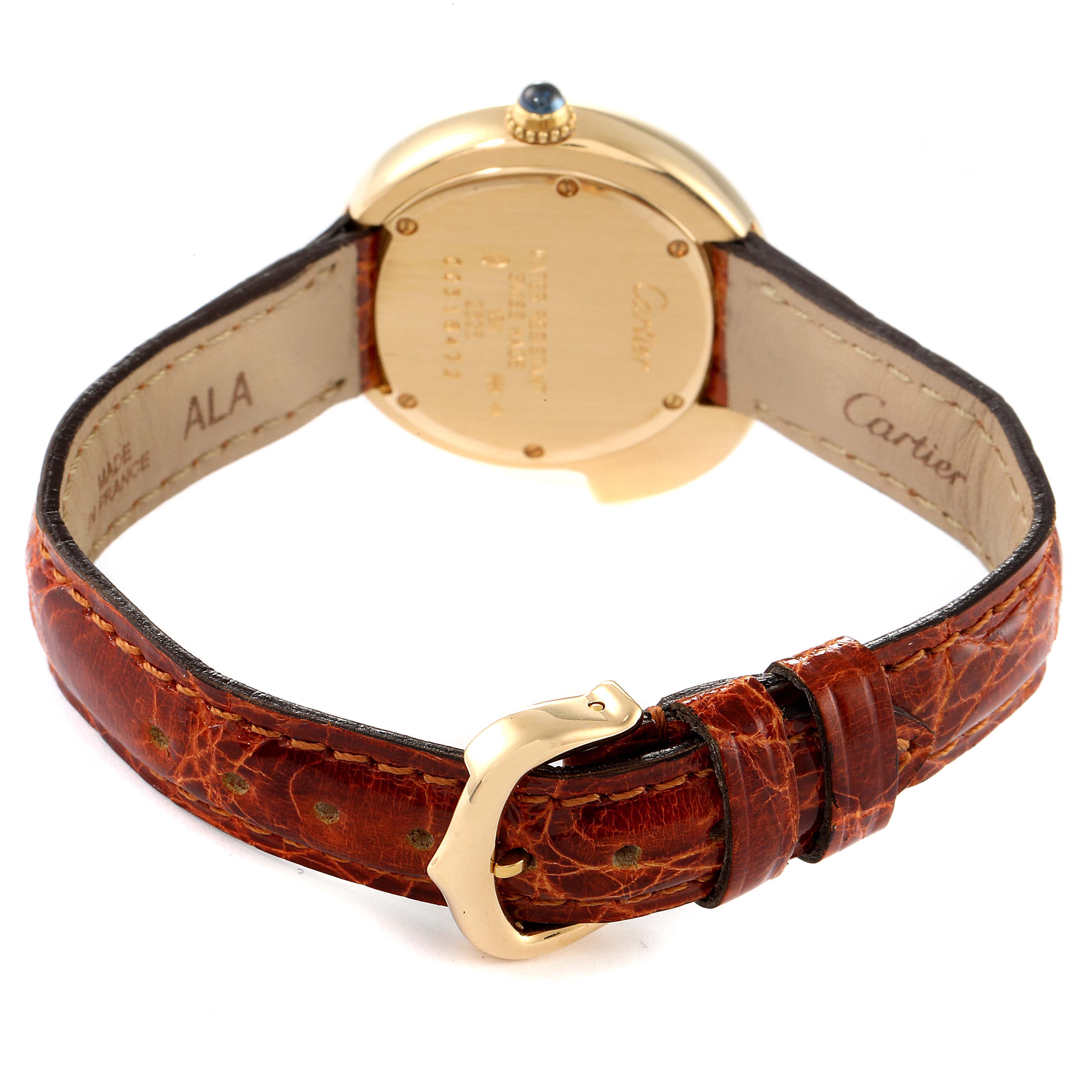 The image shows the back and strap of a Panthere model Cartier watch, highlighting the leather strap and clasp.