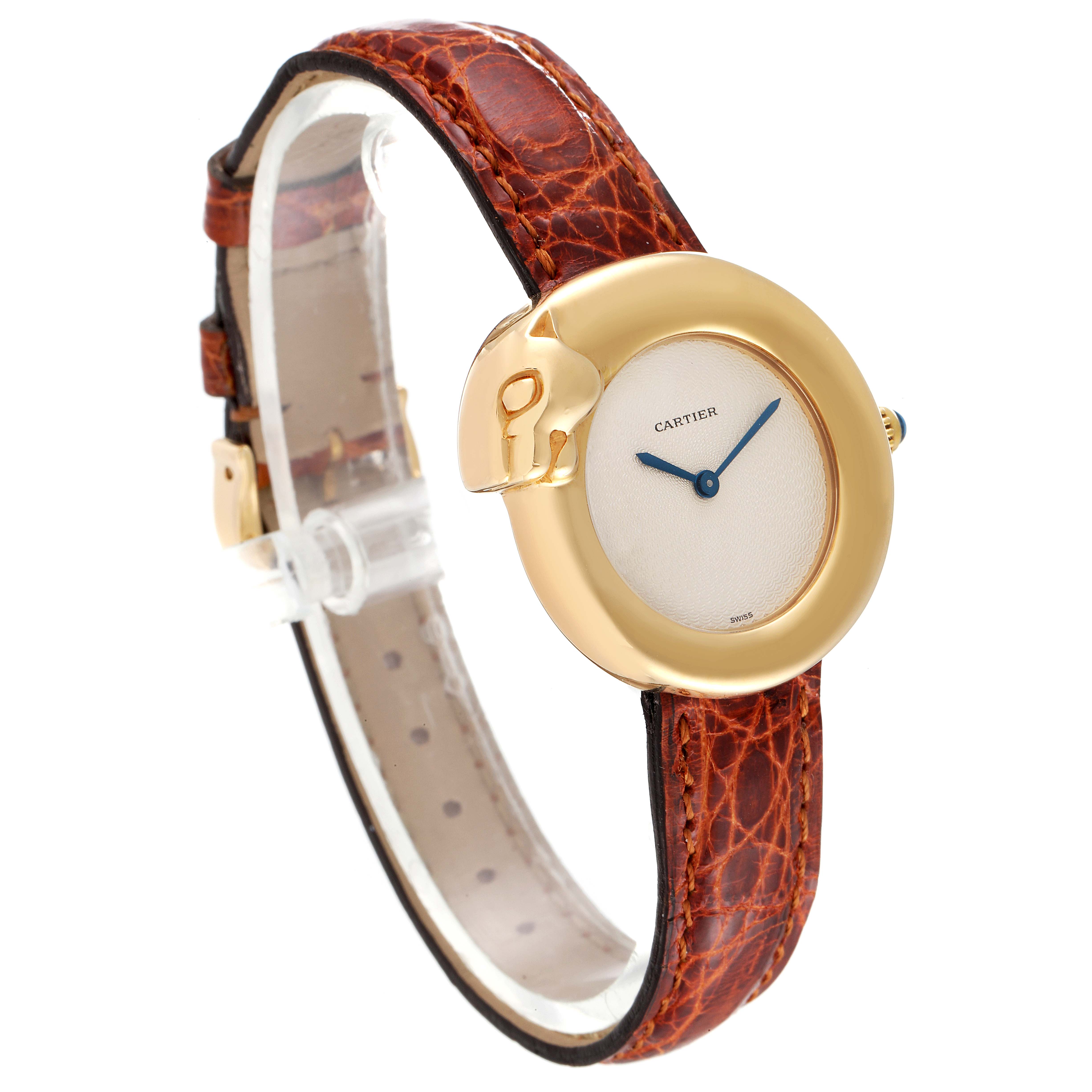The Cartier Panthere 2325 Women's Yellow Gold Silver Dial 2325 Women's Yellow Gold Silver Dial watch is shown at an angle, highlighting its gold casing, leather band, and minimalist dial.