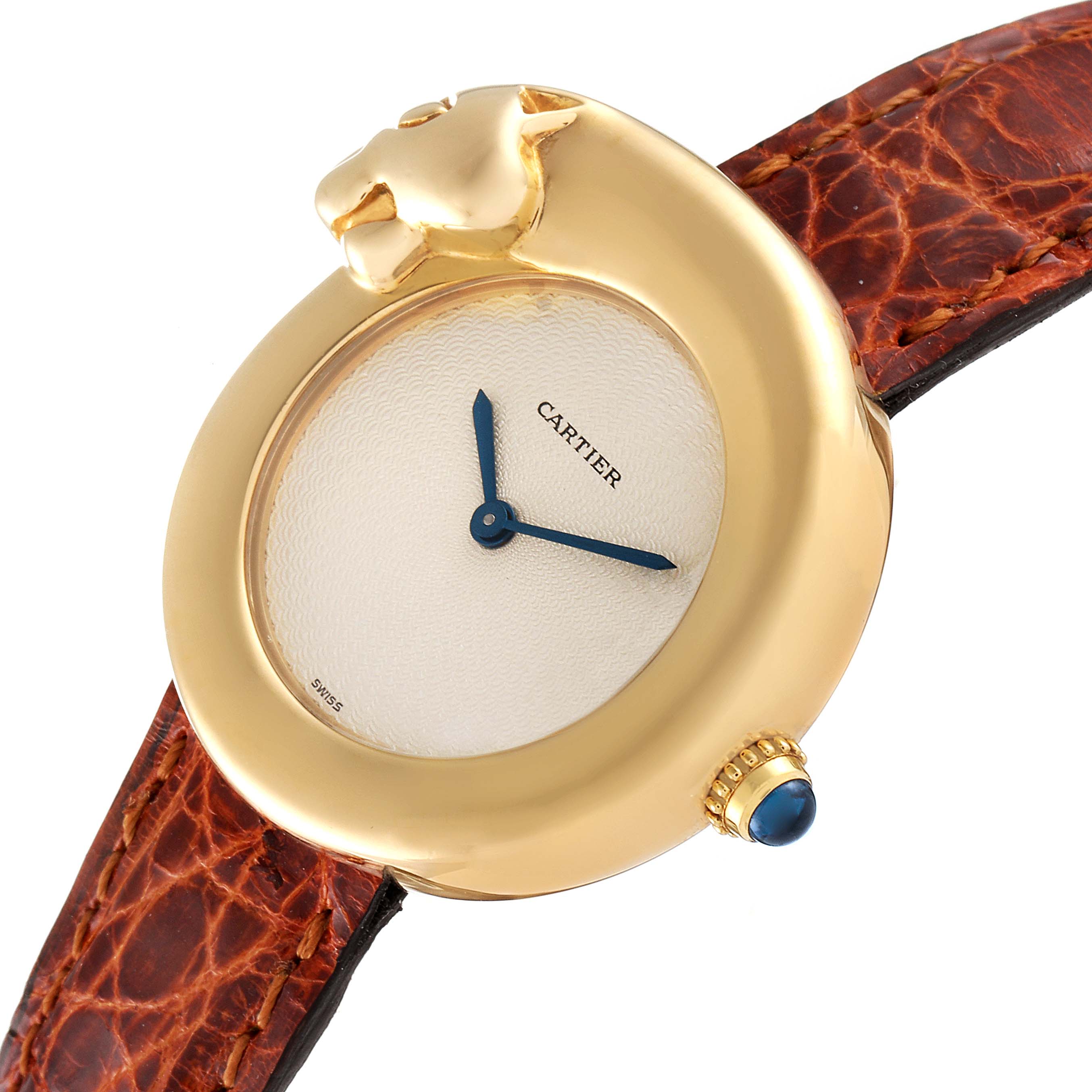 This image shows a close-up, angled view of the Cartier Panthere 2325 Women's Yellow Gold Silver Dial 2325 Women's Yellow Gold Silver Dial watch, highlighting its face, case, and leather strap.