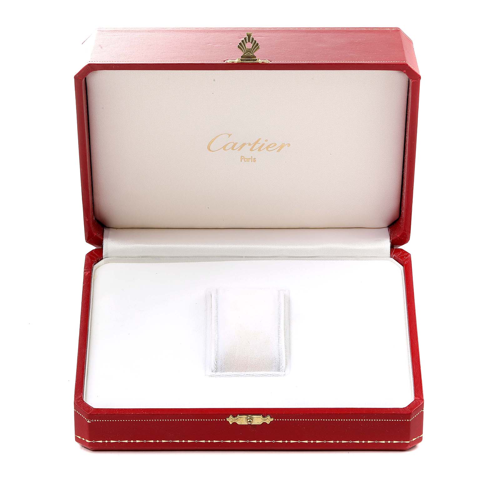 The image shows an open Cartier Panthère watch box, displaying its interior compartment for holding the watch.