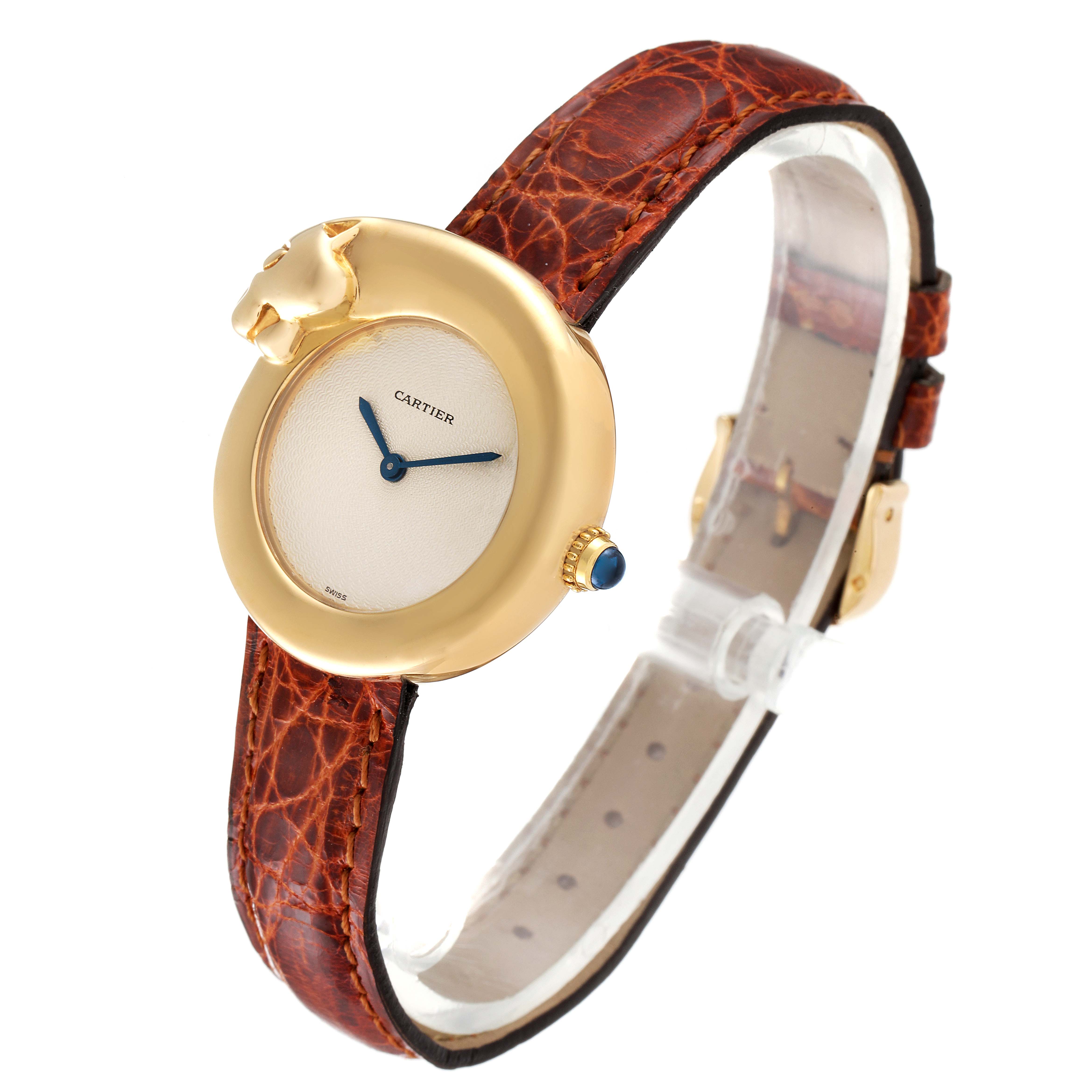 The image shows a Cartier Panthere 2325 Women's Yellow Gold Silver Dial 2325 Women's Yellow Gold Silver Dial watch at a slight angle, highlighting its round face, gold bezel, panther detail, and brown leather strap.