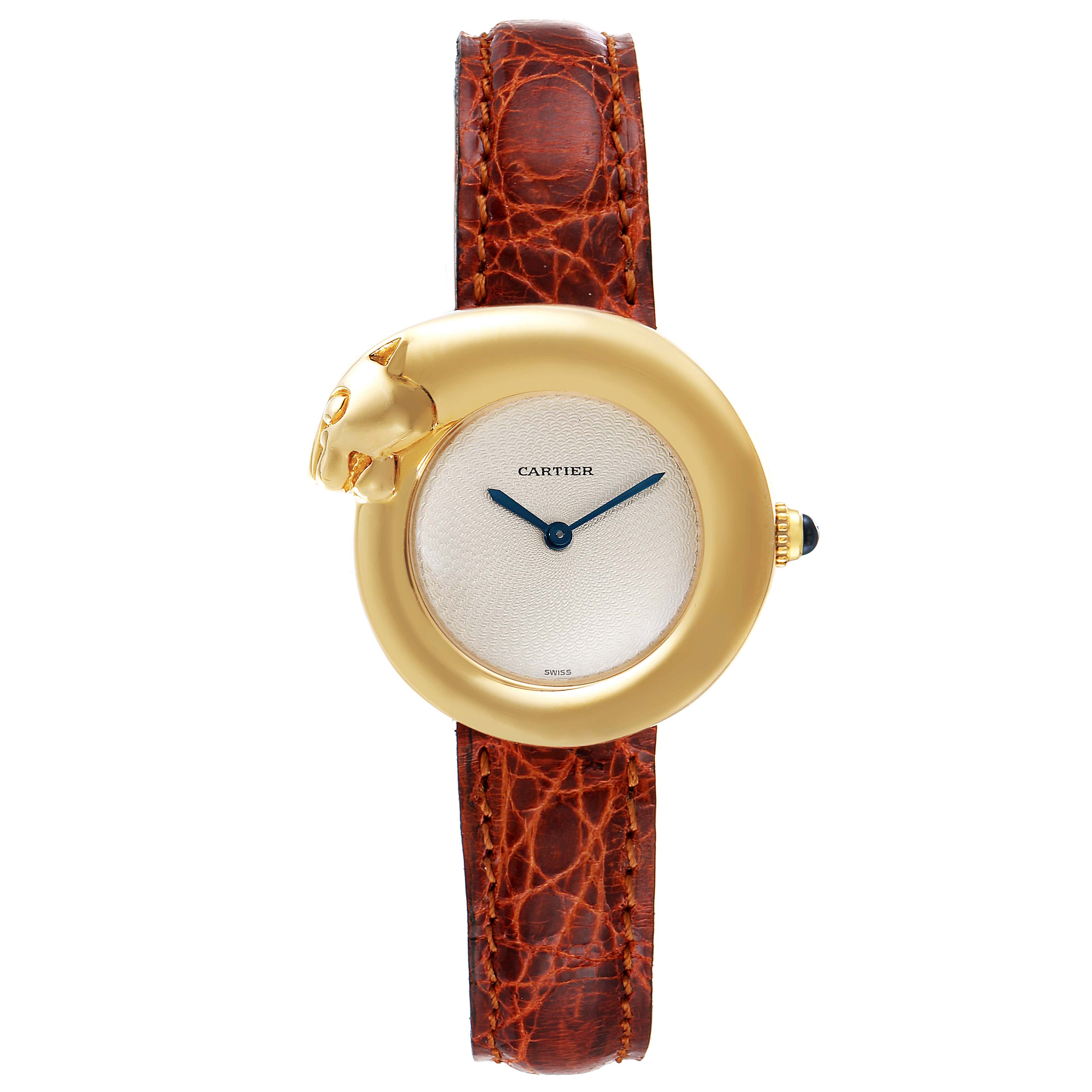 This image shows a frontal view of a Cartier Panthere 2325 Women's Yellow Gold Silver Dial 2325 Women's Yellow Gold Silver Dial watch, highlighting the gold case, face, and leather strap.