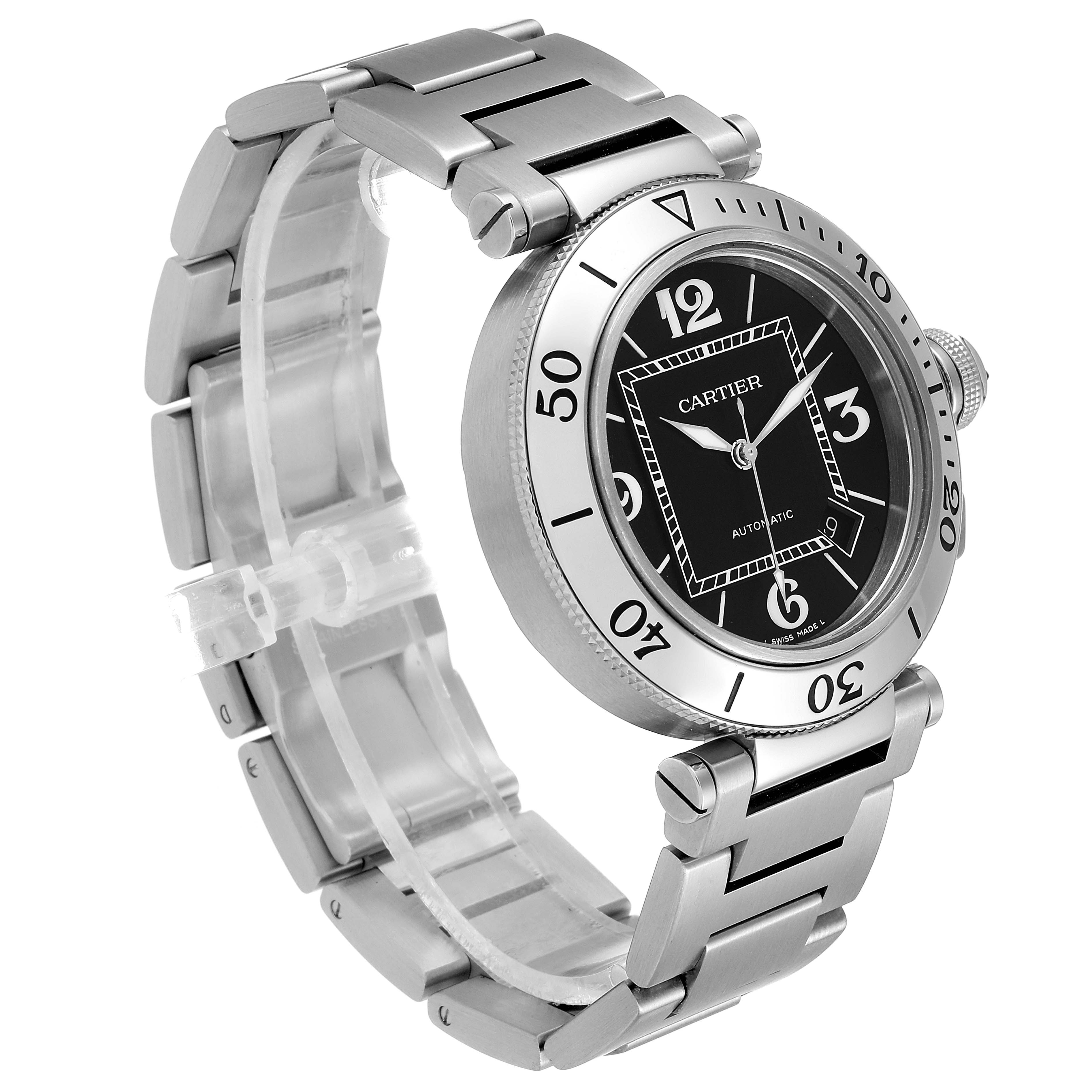 The image shows a side-angle view of the Cartier Pasha W31077M7 Men's Stainless Steel Black Dial W31077M7 Men's Stainless Steel Black Dial watch, highlighting its stainless steel bracelet and round black dial.