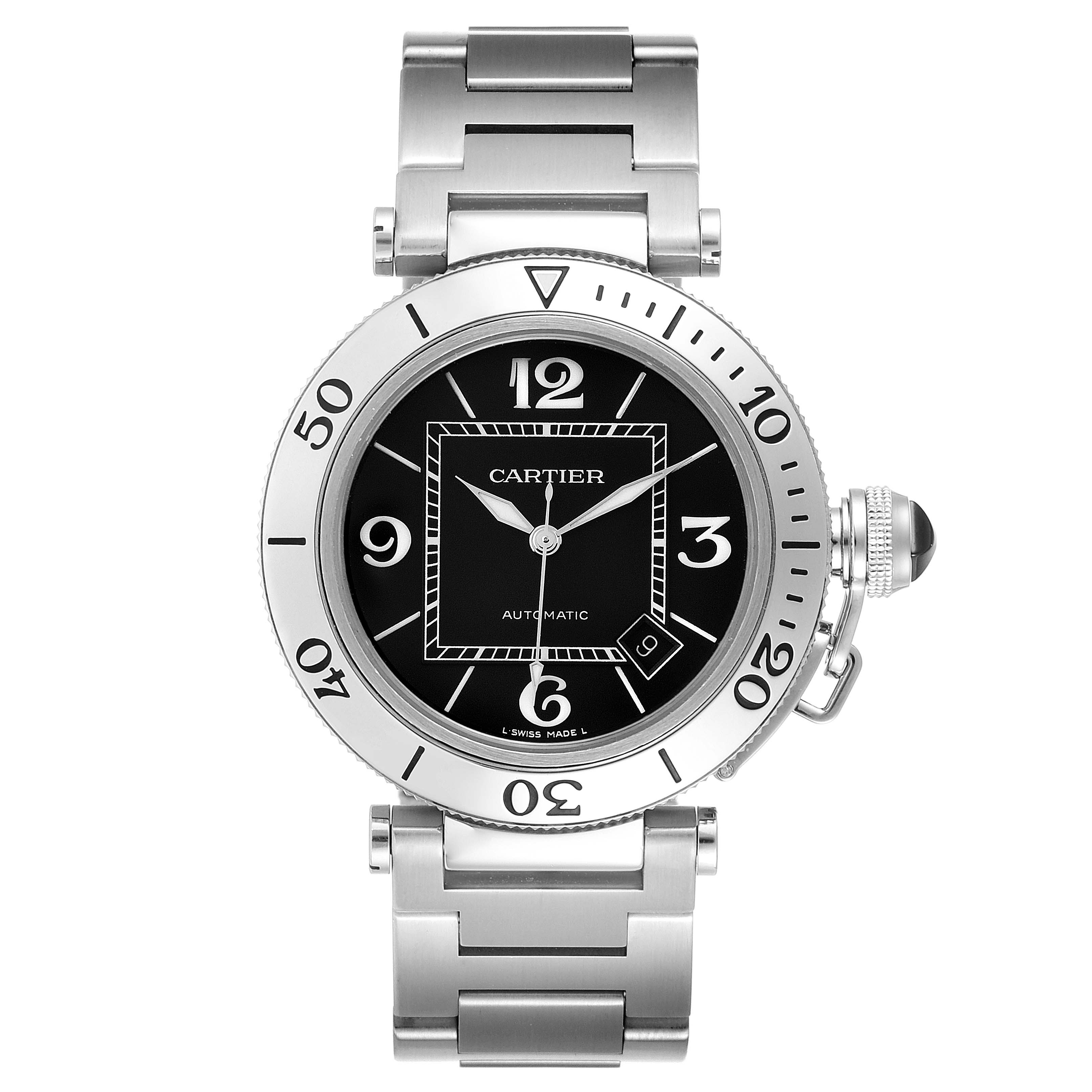 The image shows a front view of the Cartier Pasha W31077M7 Men's Stainless Steel Black Dial W31077M7 Men's Stainless Steel Black Dial watch, highlighting its face and stainless steel bracelet.