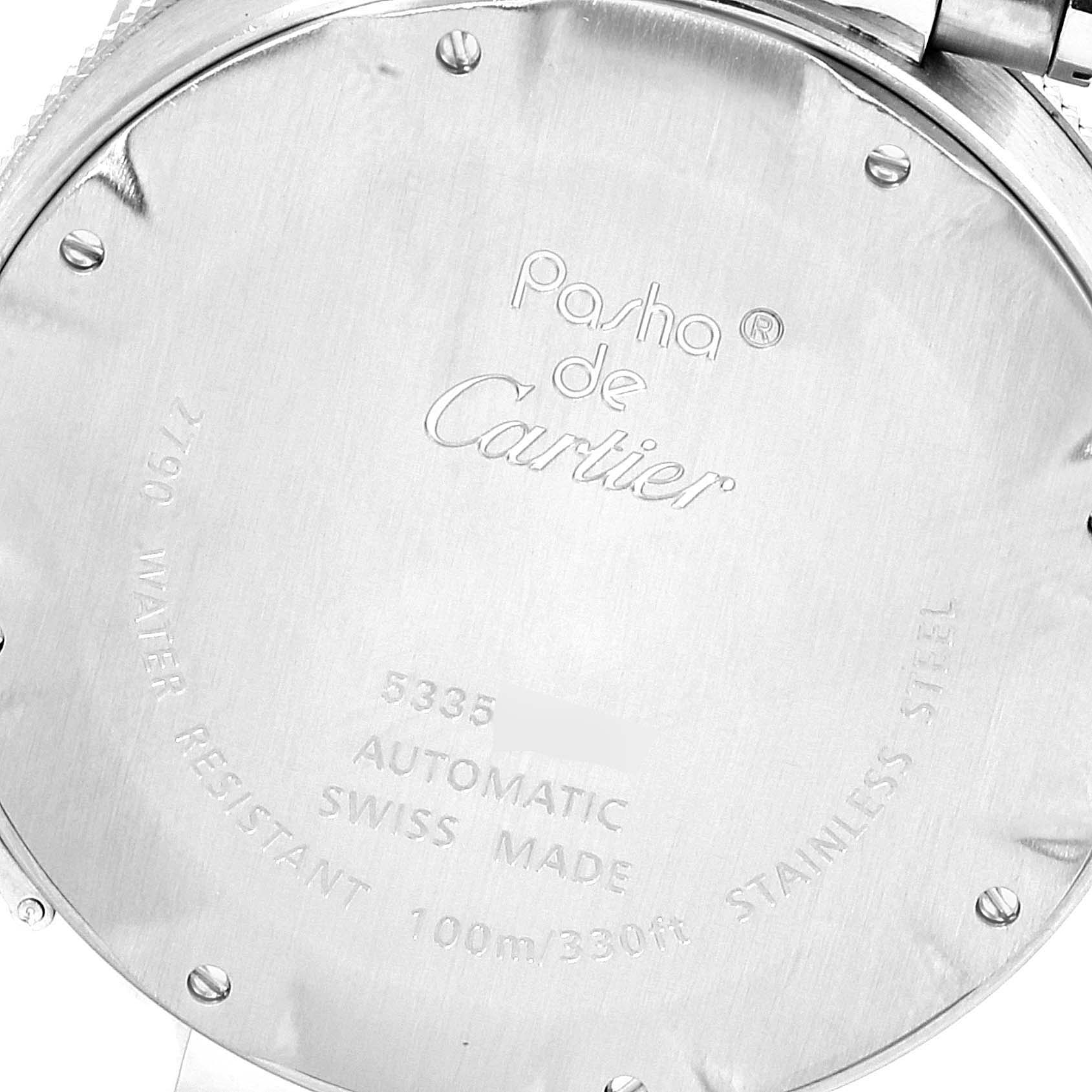 The image shows the back case of a Cartier Pasha W31077M7 Men's Stainless Steel Black Dial W31077M7 Men's Stainless Steel Black Dial watch, displaying its branding and specifications.