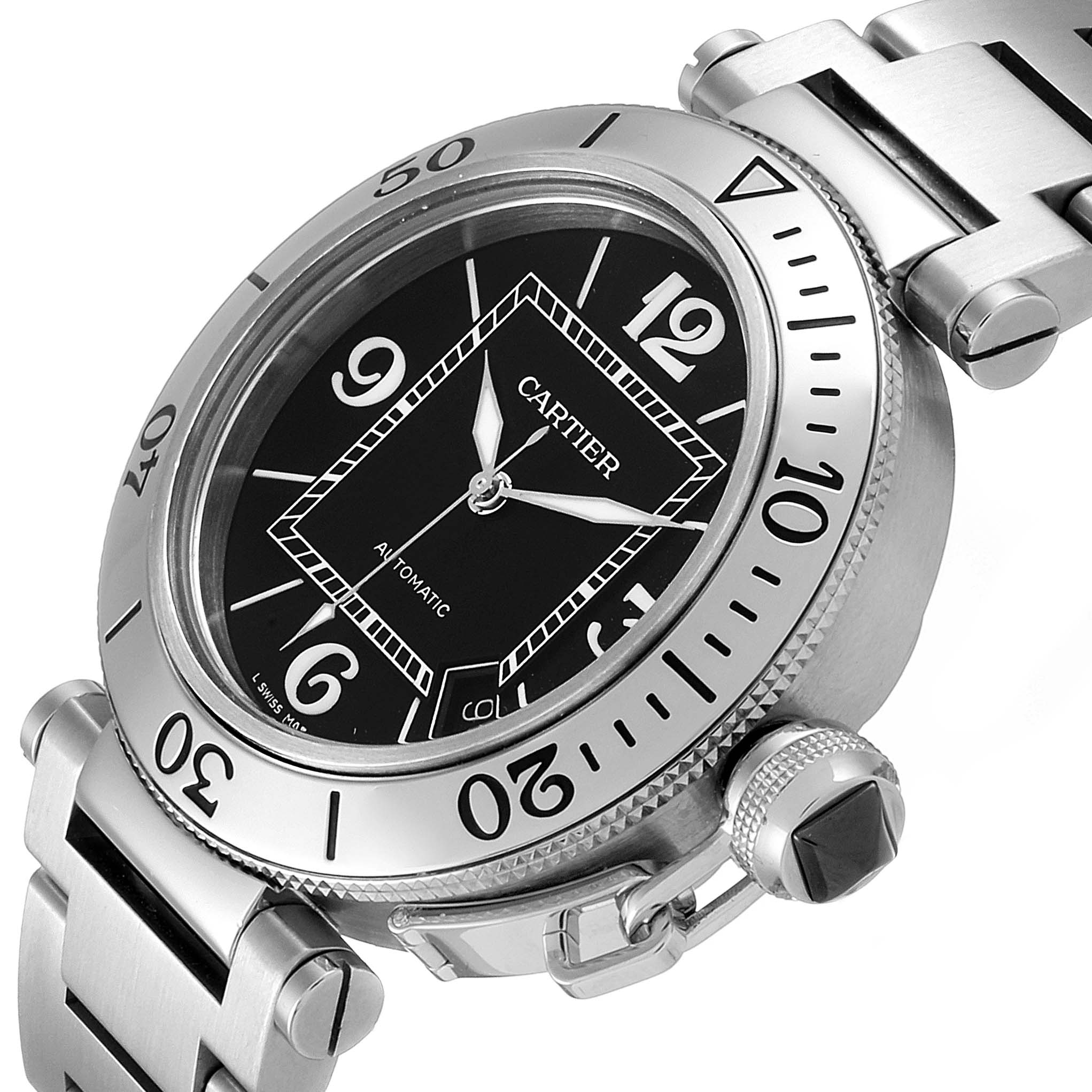 This Cartier Pasha W31077M7 Men's Stainless Steel Black Dial W31077M7 Men's Stainless Steel Black Dial model is shown from a front angle, displaying the face, bezel, bracelet, and crown.