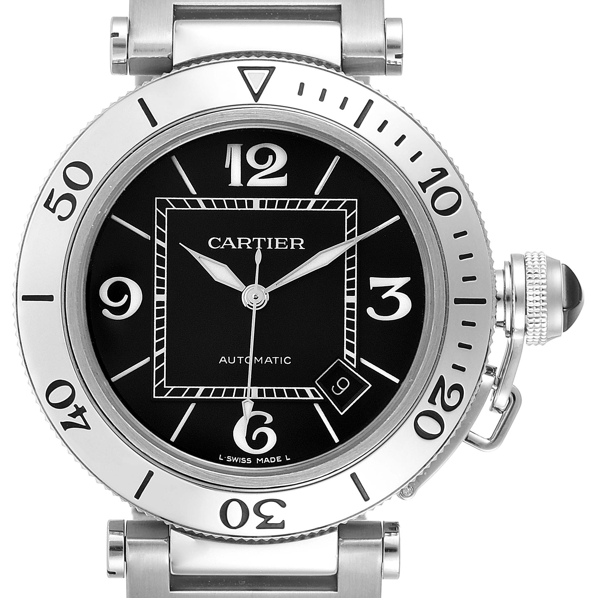 The Pasha model by Cartier is shown from the front, displaying its dial, bezel, and crown.