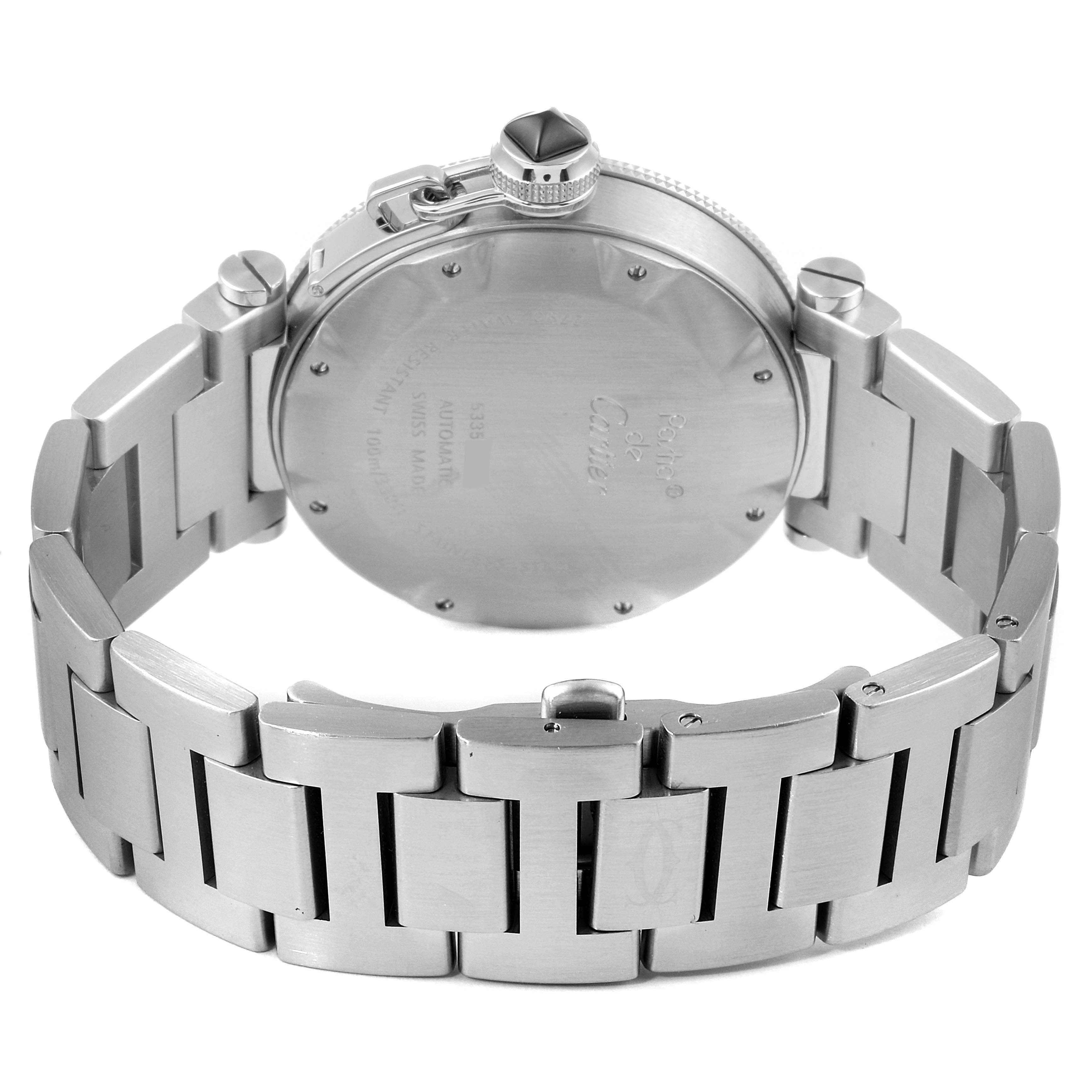 The image shows the back view of a Cartier Pasha W31077M7 Men's Stainless Steel Black Dial W31077M7 Men's Stainless Steel Black Dial watch, featuring its stainless steel case and bracelet.