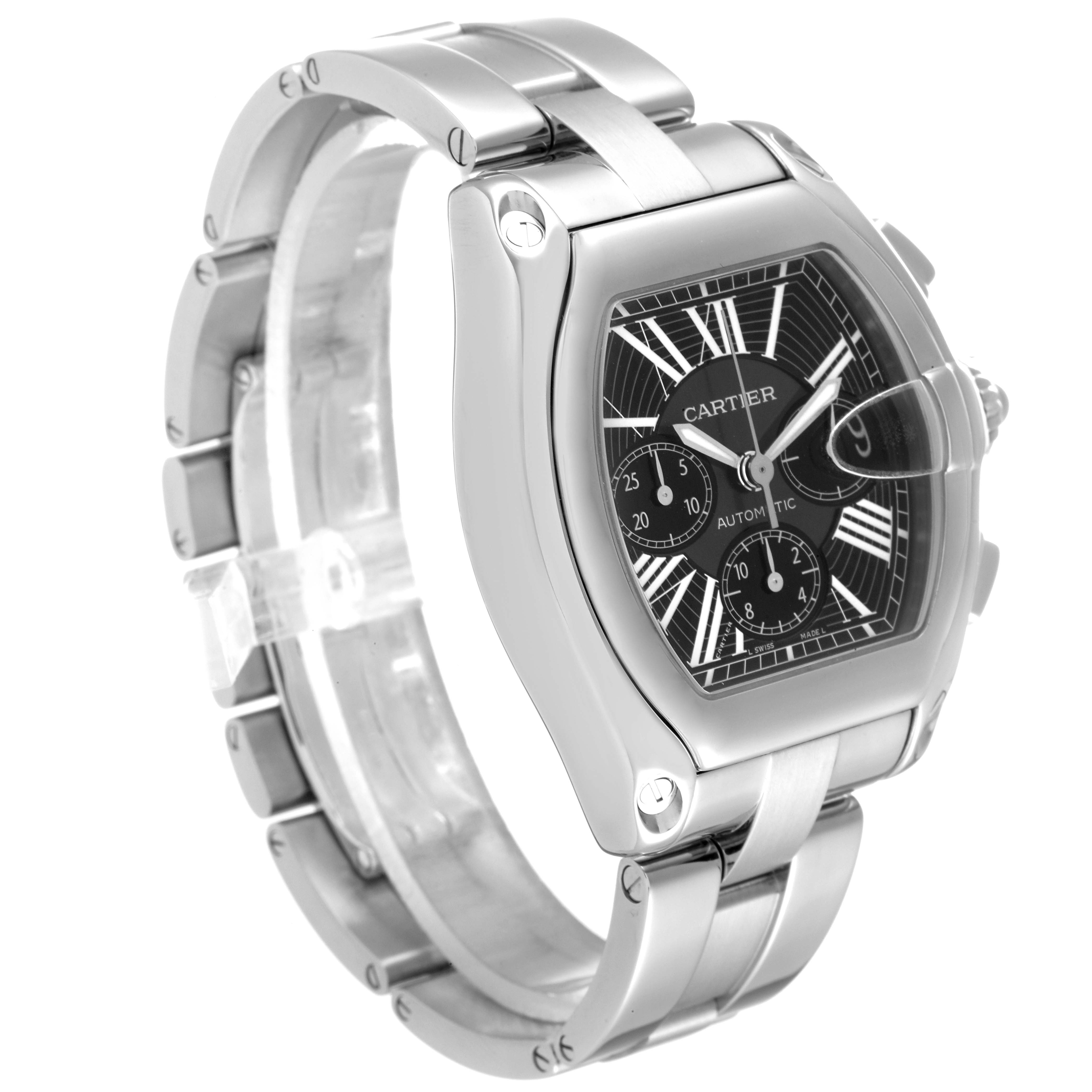 This image showcases a Cartier Roadster W62020X6 Men's Stainless Steel Black Dial W62020X6 Men's Stainless Steel Black Dial watch angled to display its face and metal bracelet.