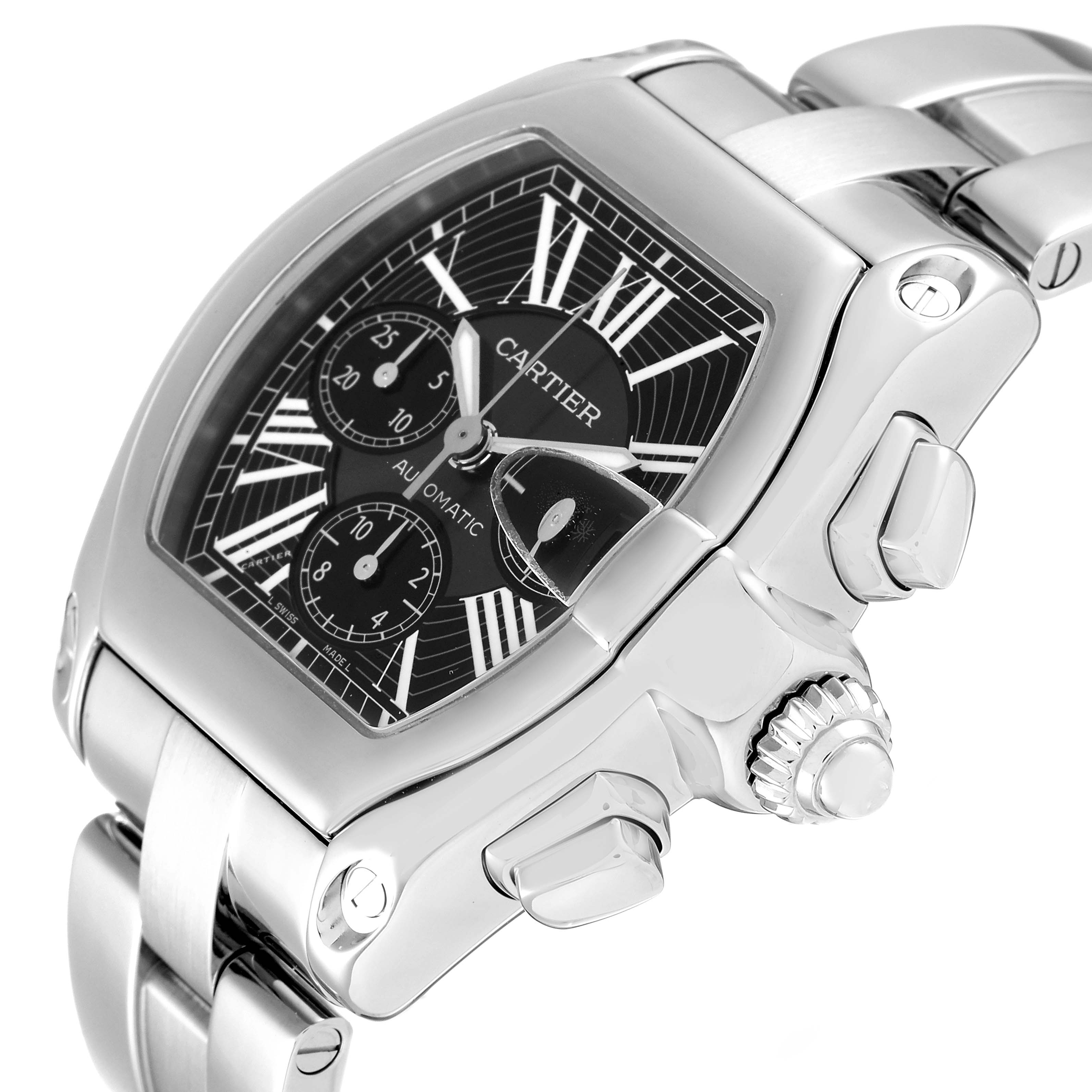 The image shows a close-up view of the Cartier Roadster W62020X6 Men's Stainless Steel Black Dial W62020X6 Men's Stainless Steel Black Dial watch, highlighting the dial, lumed hands, crown, and part of the bracelet.