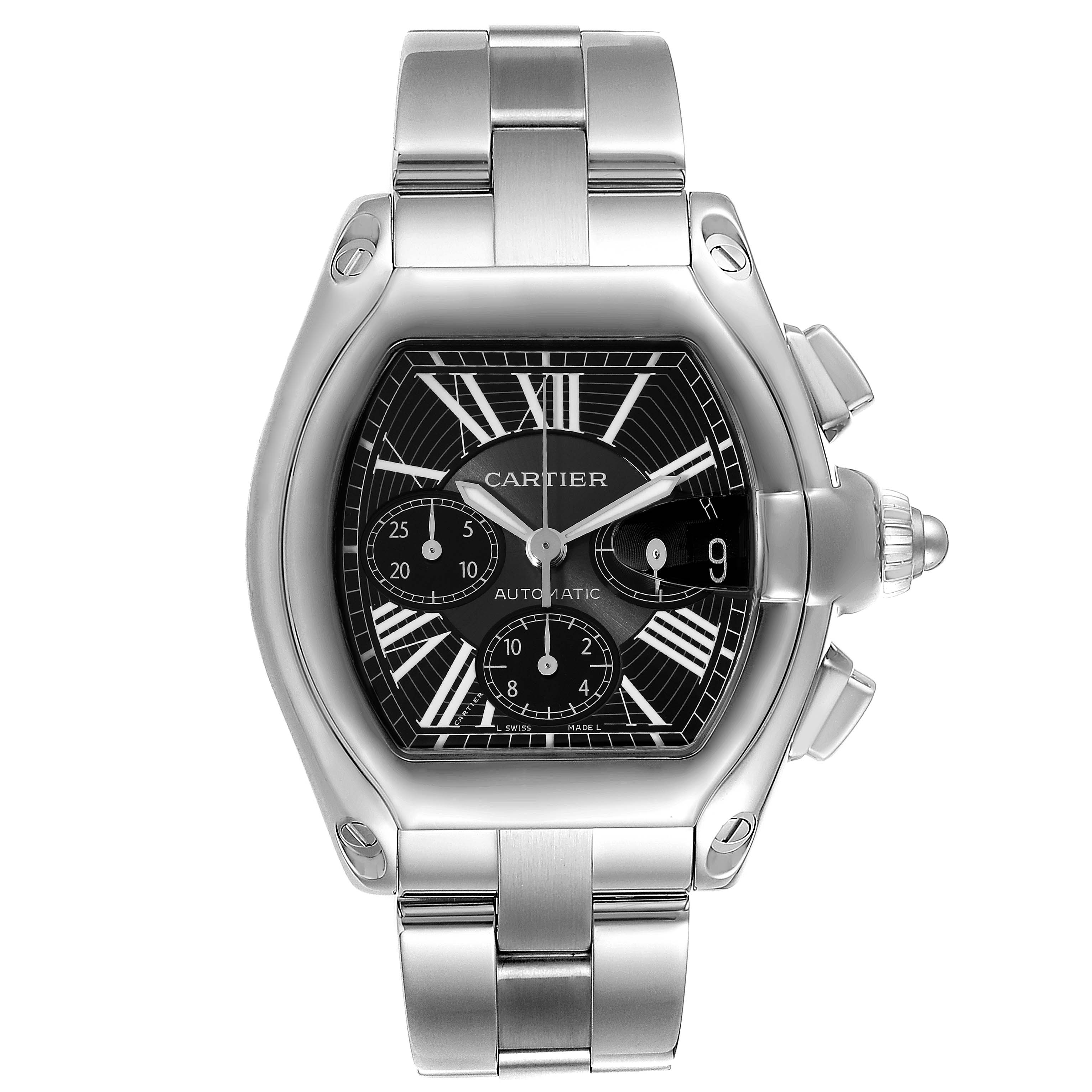 The image shows a front view of the Cartier Roadster W62020X6 Men's Stainless Steel Black Dial W62020X6 Men's Stainless Steel Black Dial watch, highlighting its face, dial, and stainless steel bracelet.