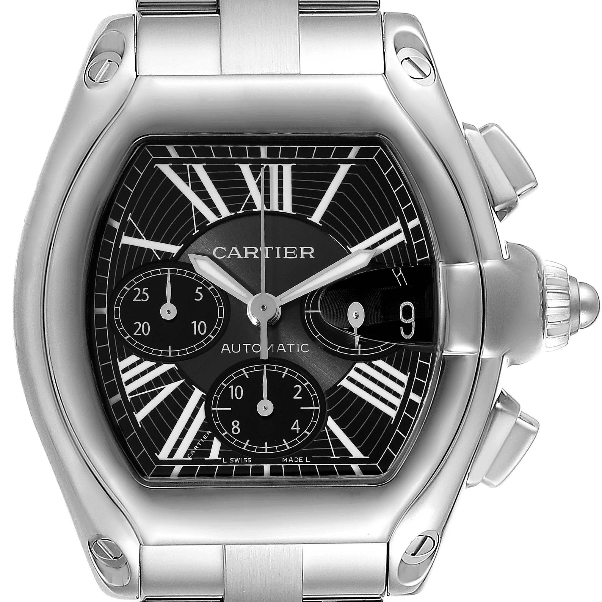 The Cartier Roadster W62020X6 Men's Stainless Steel Black Dial W62020X6 Men's Stainless Steel Black Dial watch is shown from the front, highlighting its dial, crown, and pushers.