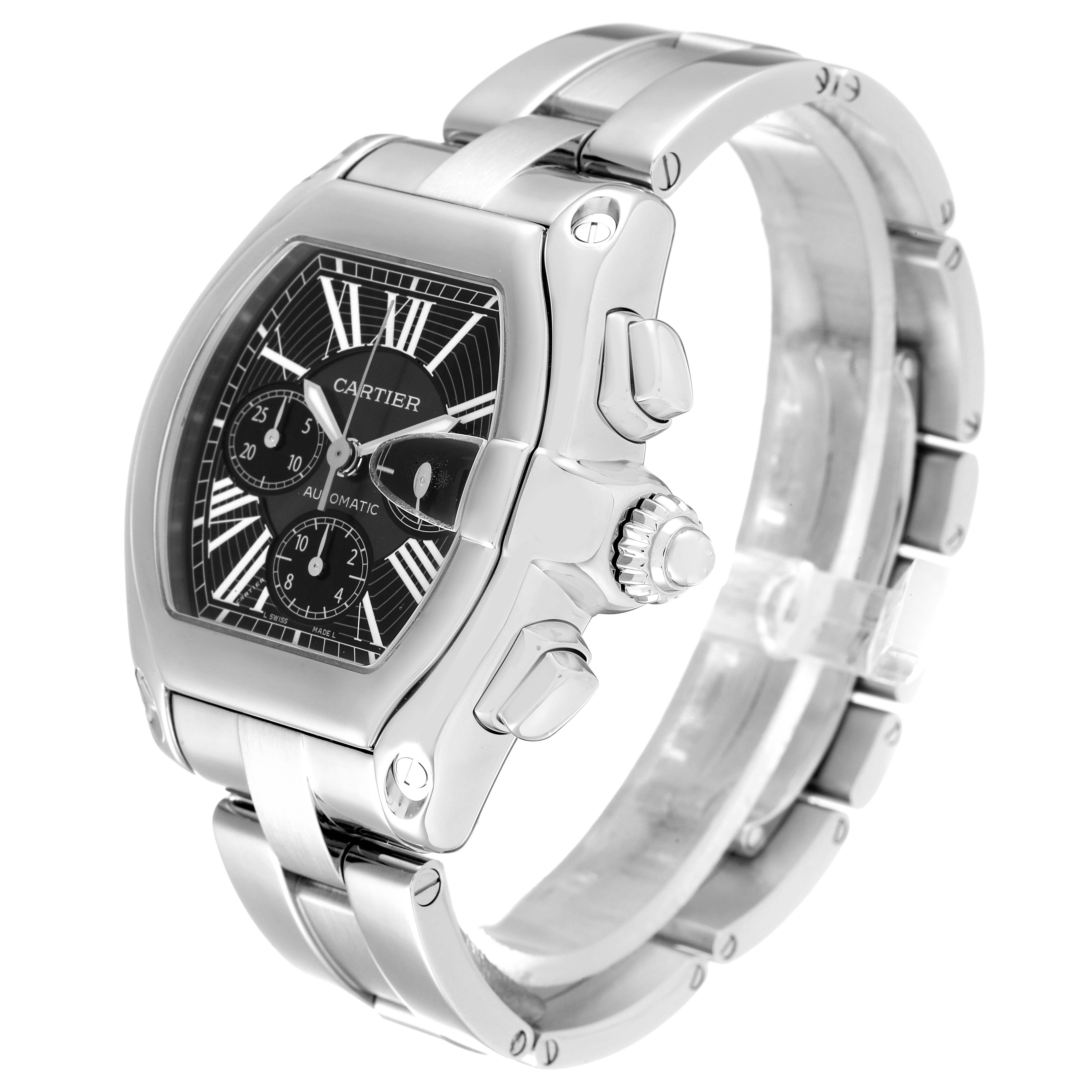 The image shows a Cartier Roadster W62020X6 Men's Stainless Steel Black Dial W62020X6 Men's Stainless Steel Black Dial watch from an oblique angle, highlighting its black dial, silver-case, and stainless steel bracelet.