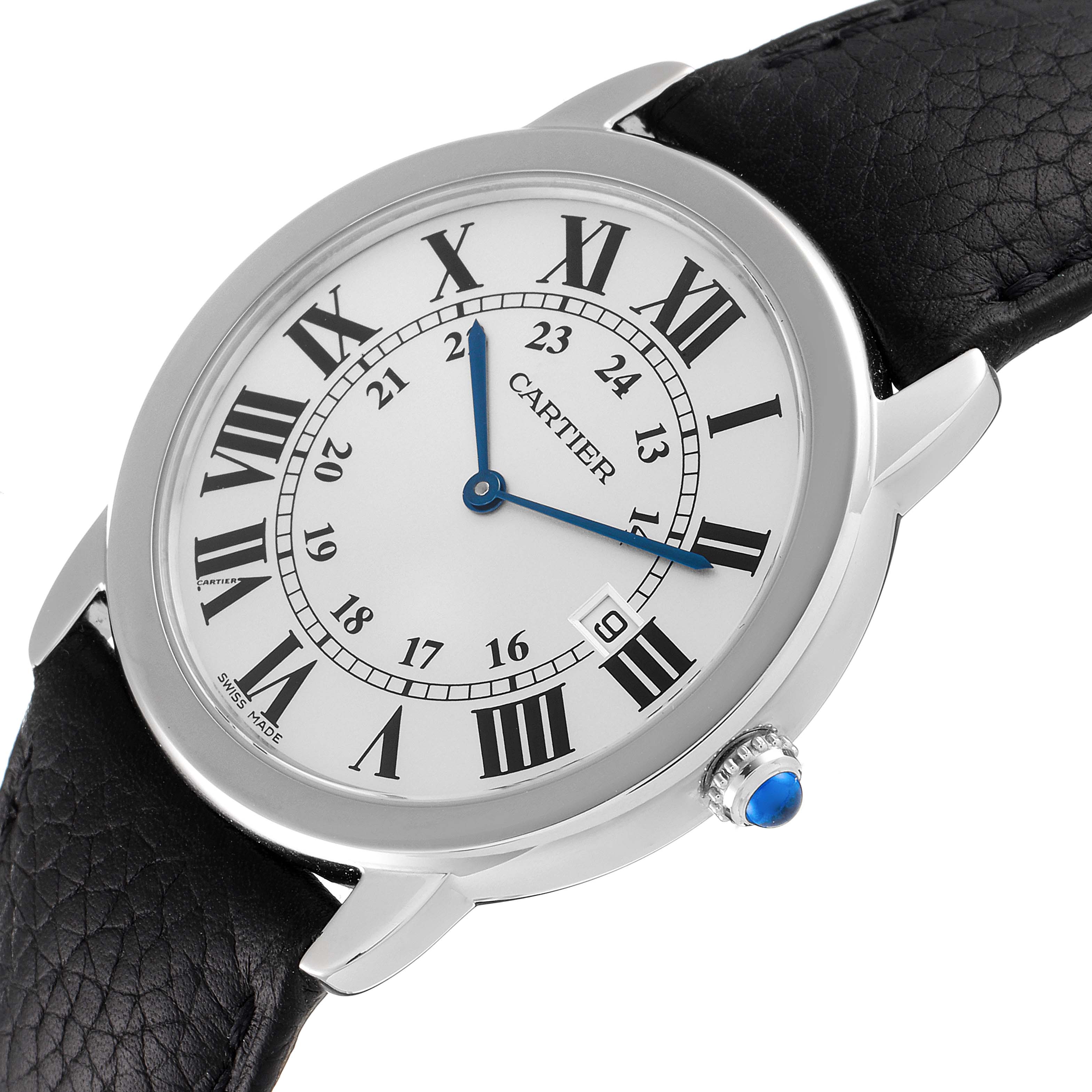 The image shows a close-up view of the Cartier Ronde W6700255 Men
s Stainless Steel Silver Dial W6700255 Men
s Stainless Steel Silver Dial watch, highlighting its dial, hands, bezel, leather strap, and blue cabochon crown.