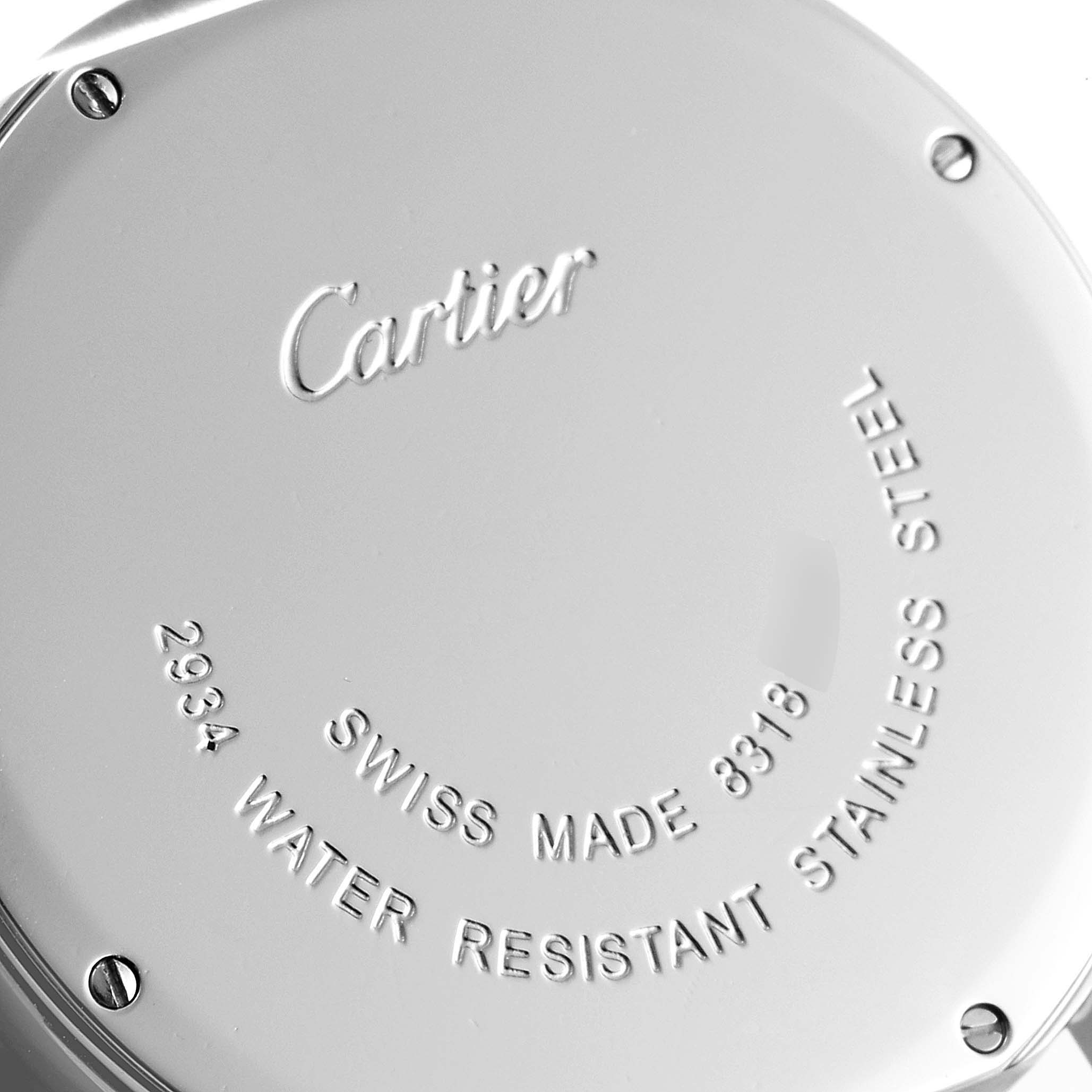 This image shows the back case of a Cartier Ronde W6700255 Men
s Stainless Steel Silver Dial W6700255 Men
s Stainless Steel Silver Dial watch, highlighting its stainless steel material and water resistance.