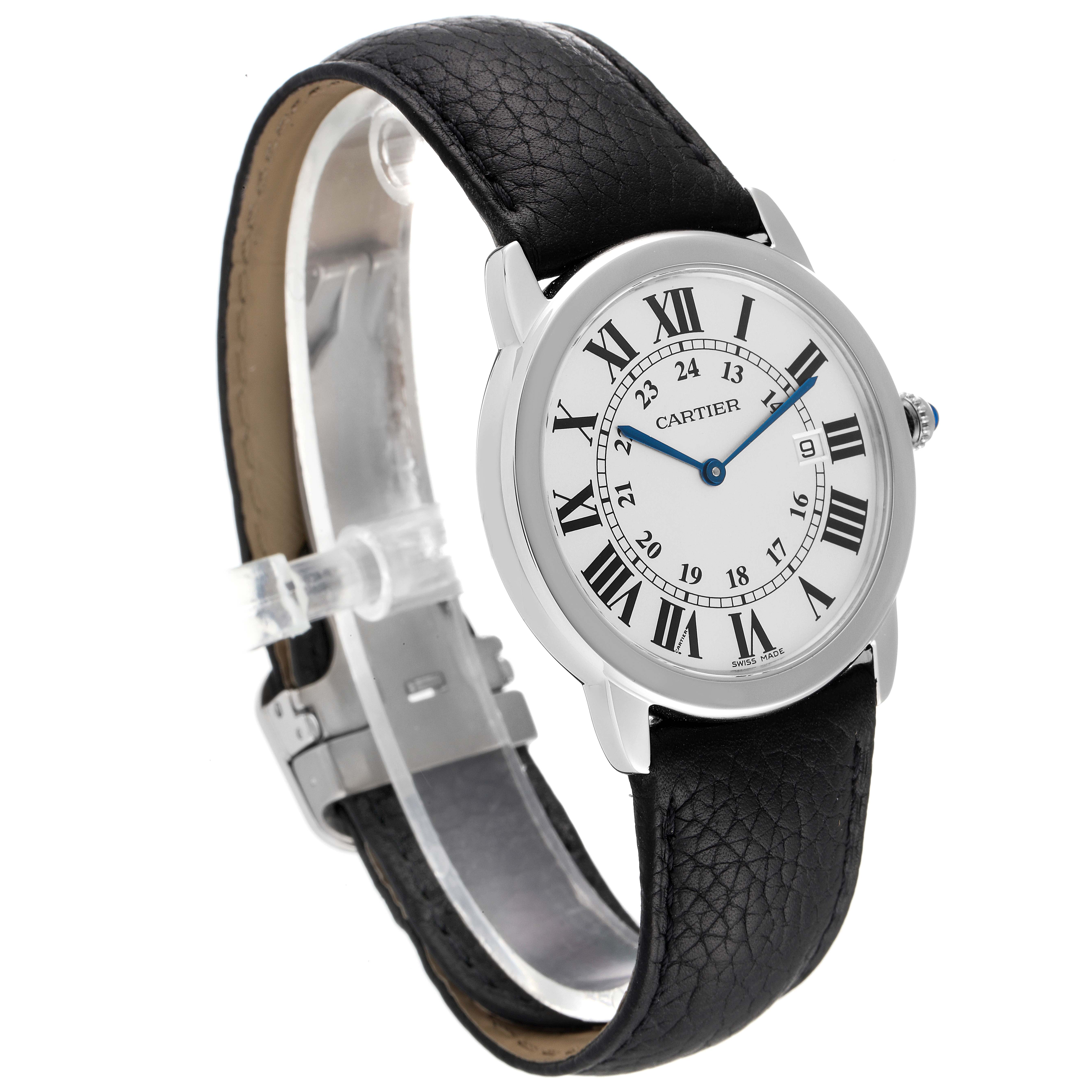 This Cartier Ronde W6700255 Men
s Stainless Steel Silver Dial W6700255 Men
s Stainless Steel Silver Dial model watch is shown at a three-quarter angle, highlighting its black leather strap and Roman numeral dial.
