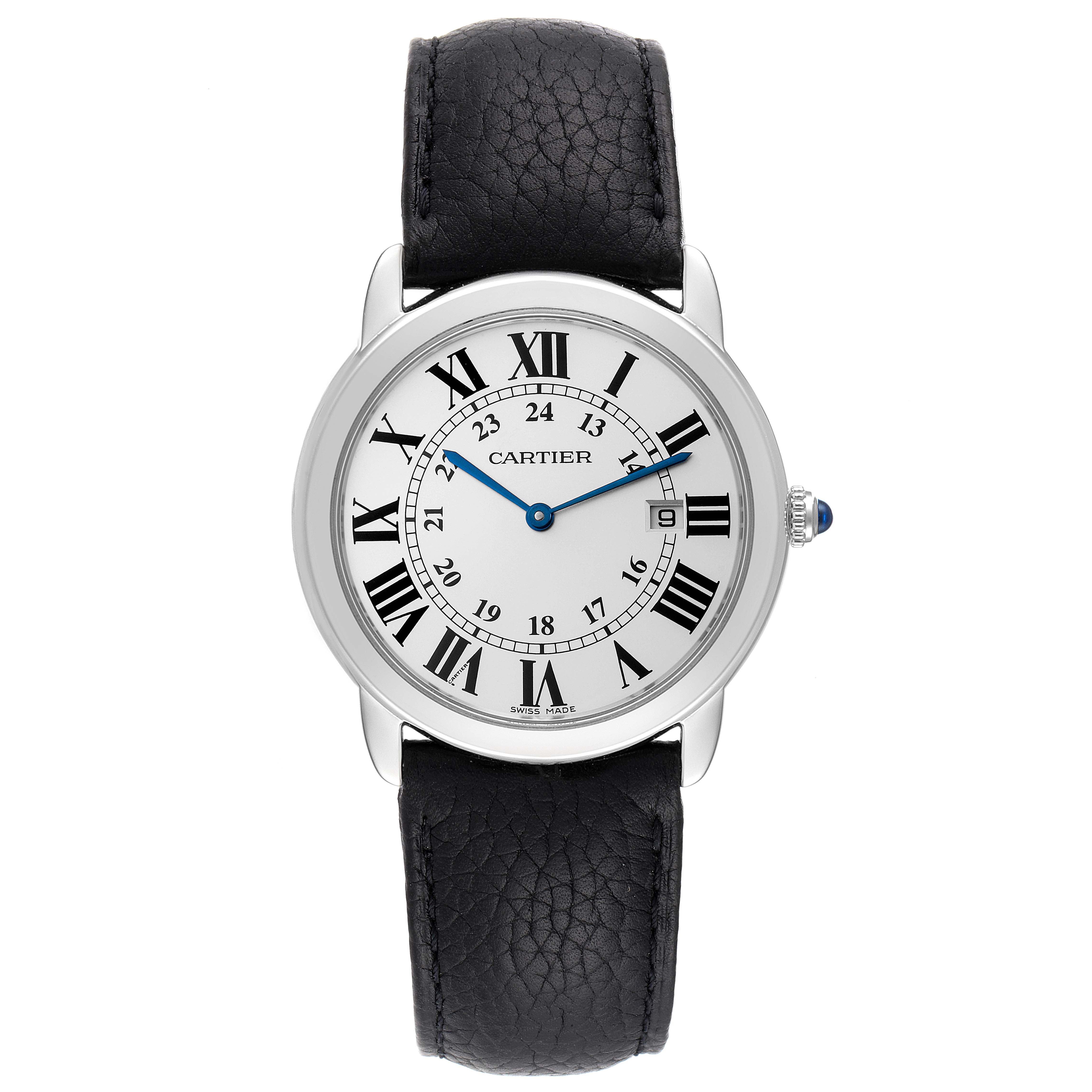 This image shows a Cartier Ronde W6700255 Men
s Stainless Steel Silver Dial W6700255 Men
s Stainless Steel Silver Dial watch from a front angle, featuring its Roman numeral dial and black leather strap.