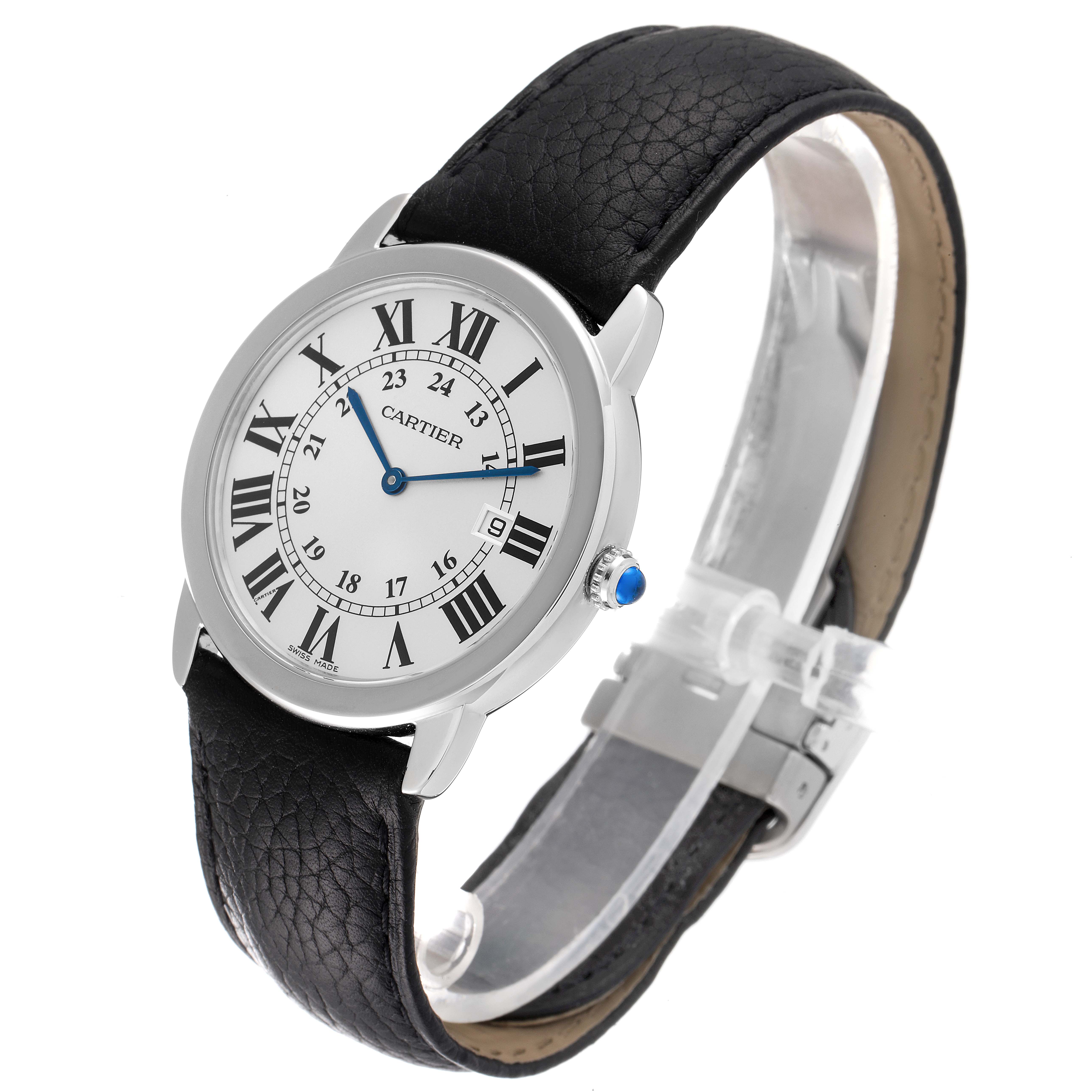 The Cartier Ronde W6700255 Men
s Stainless Steel Silver Dial W6700255 Men
s Stainless Steel Silver Dial watch is shown at an angled view, displaying the watch face, leather strap, and buckle.