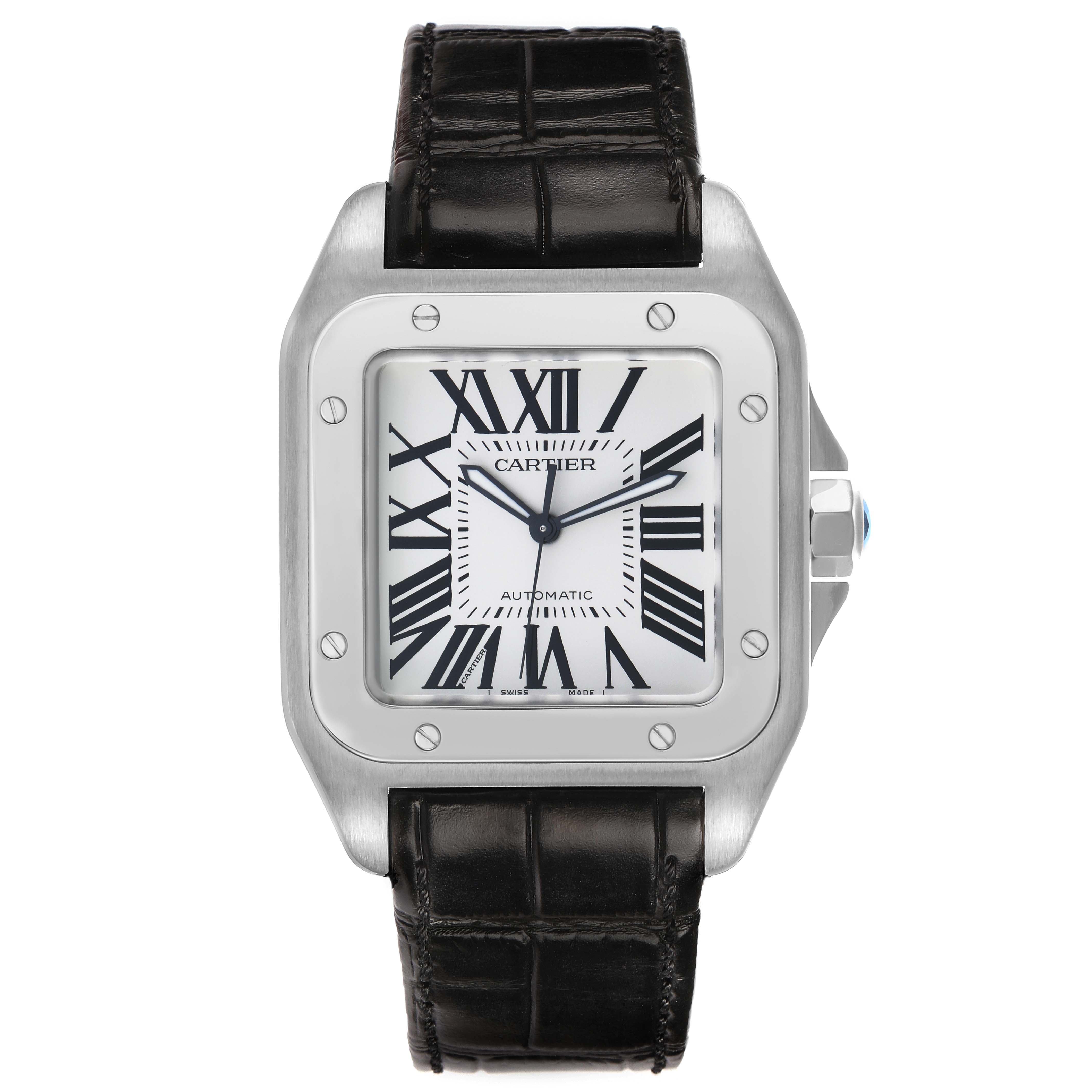 The Cartier Santos W20073X8 Men's Stainless Steel Silver Dial watch is shown from the front, displaying its face, Roman numerals, silver bezel, and black leather strap.