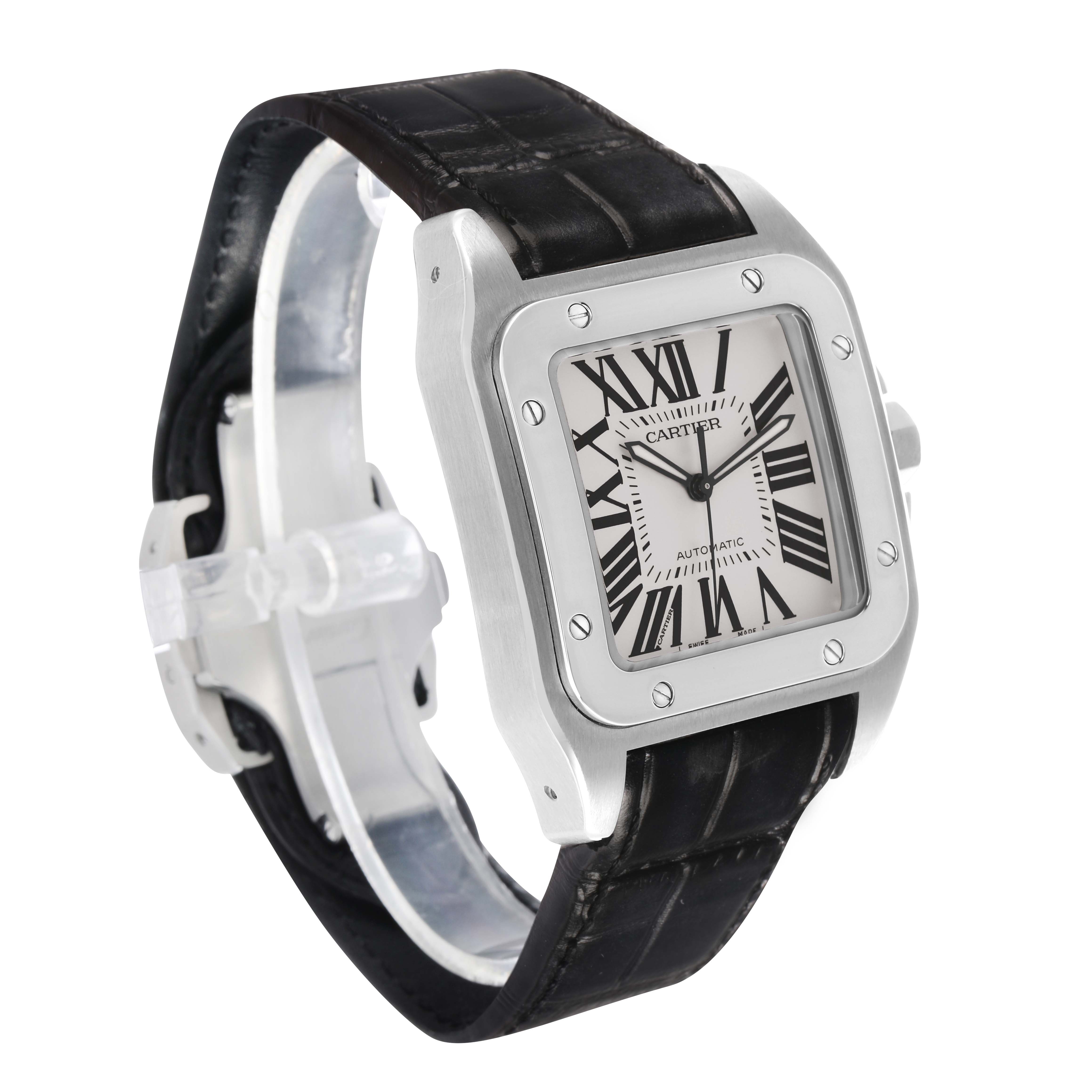 The Cartier Santos W20073X8 Men's Stainless Steel Silver Dial watch is shown from a front angle, highlighting its square face, Roman numerals, and black leather strap.