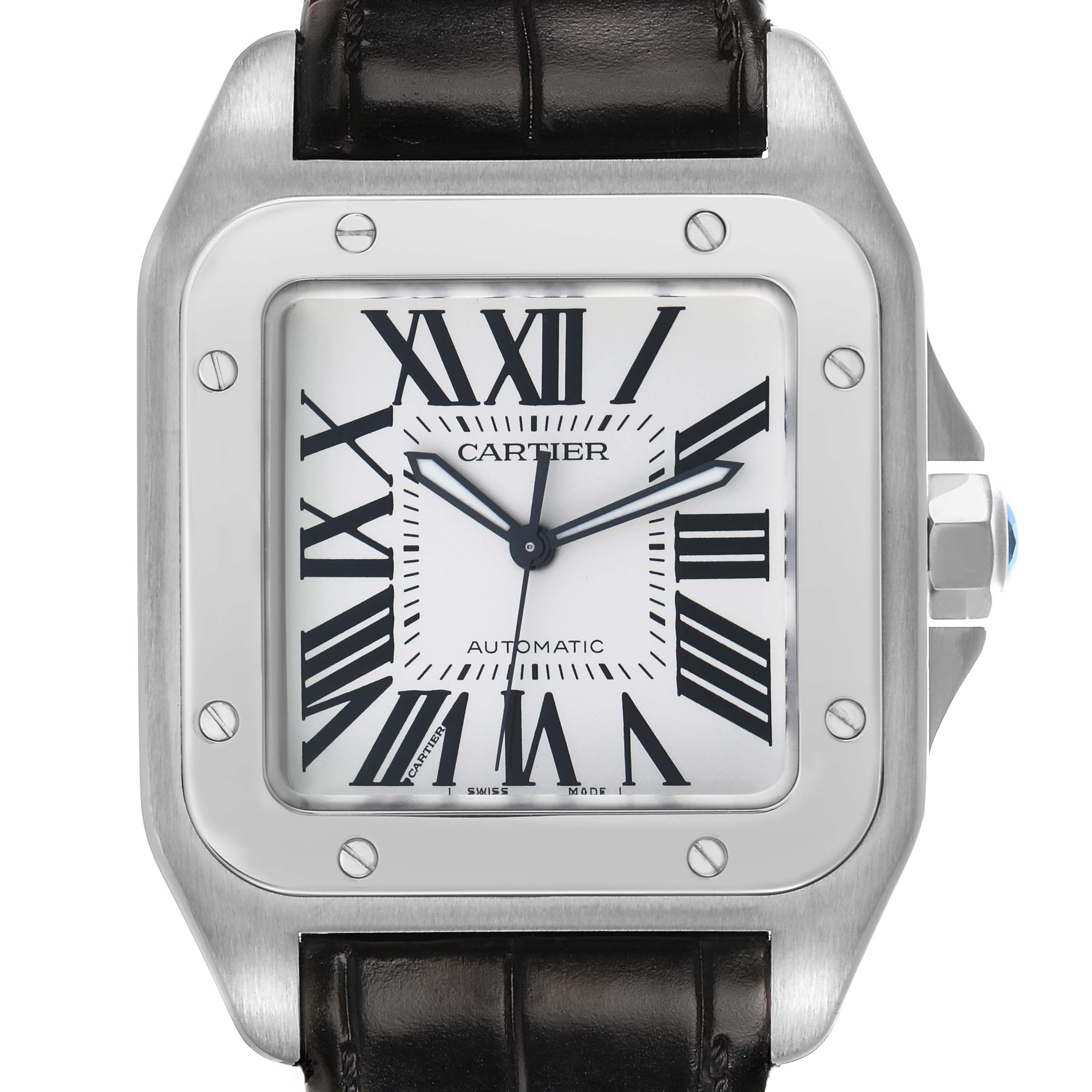 The Cartier Santos W20073X8 Men's Stainless Steel Silver Dial watch is shown from a front angle, displaying its dial, case, crown, and part of the leather strap.