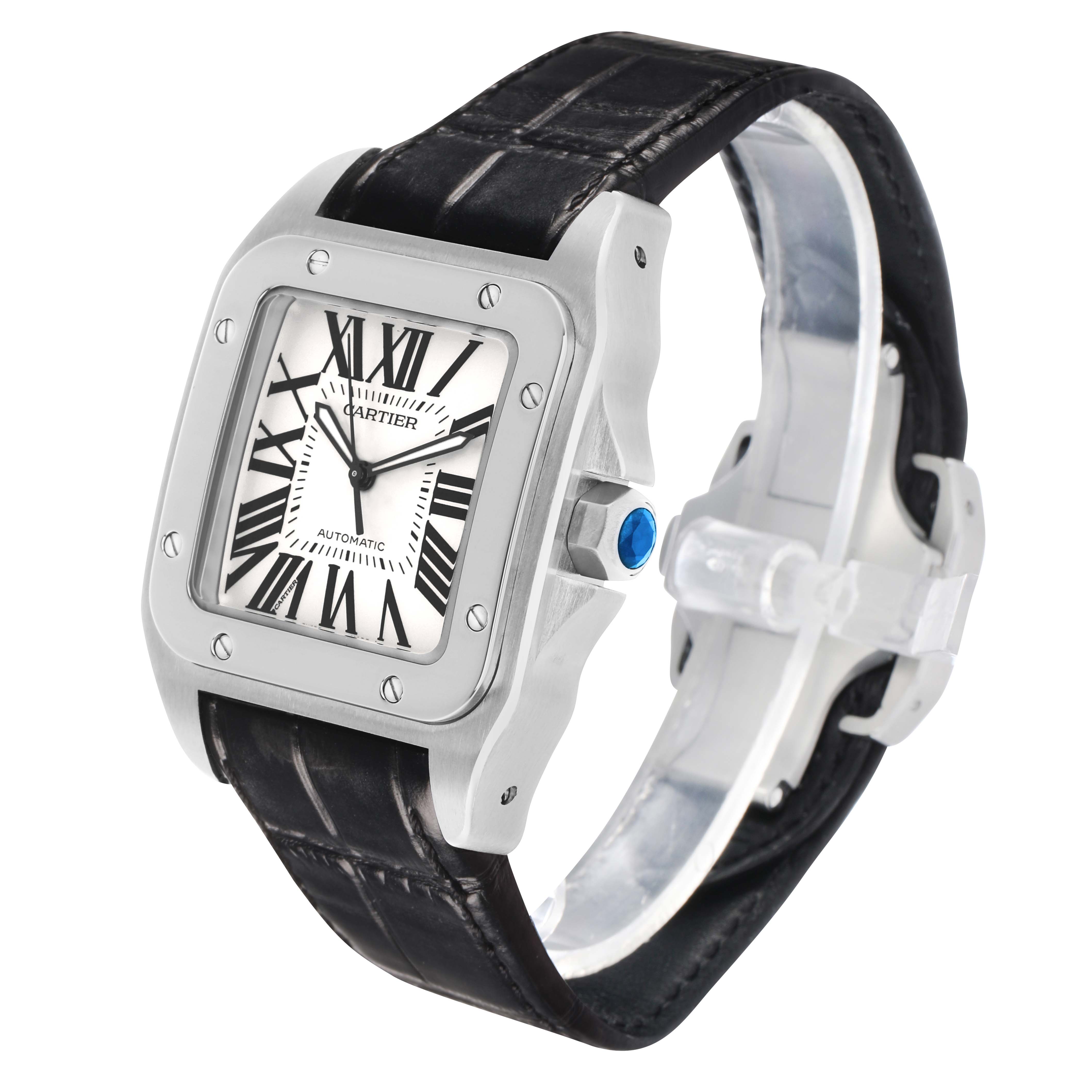 The Cartier Santos W20073X8 Men's Stainless Steel Silver Dial watch is shown from a three-quarter view, highlighting the face, bezel, crown, and black leather strap.