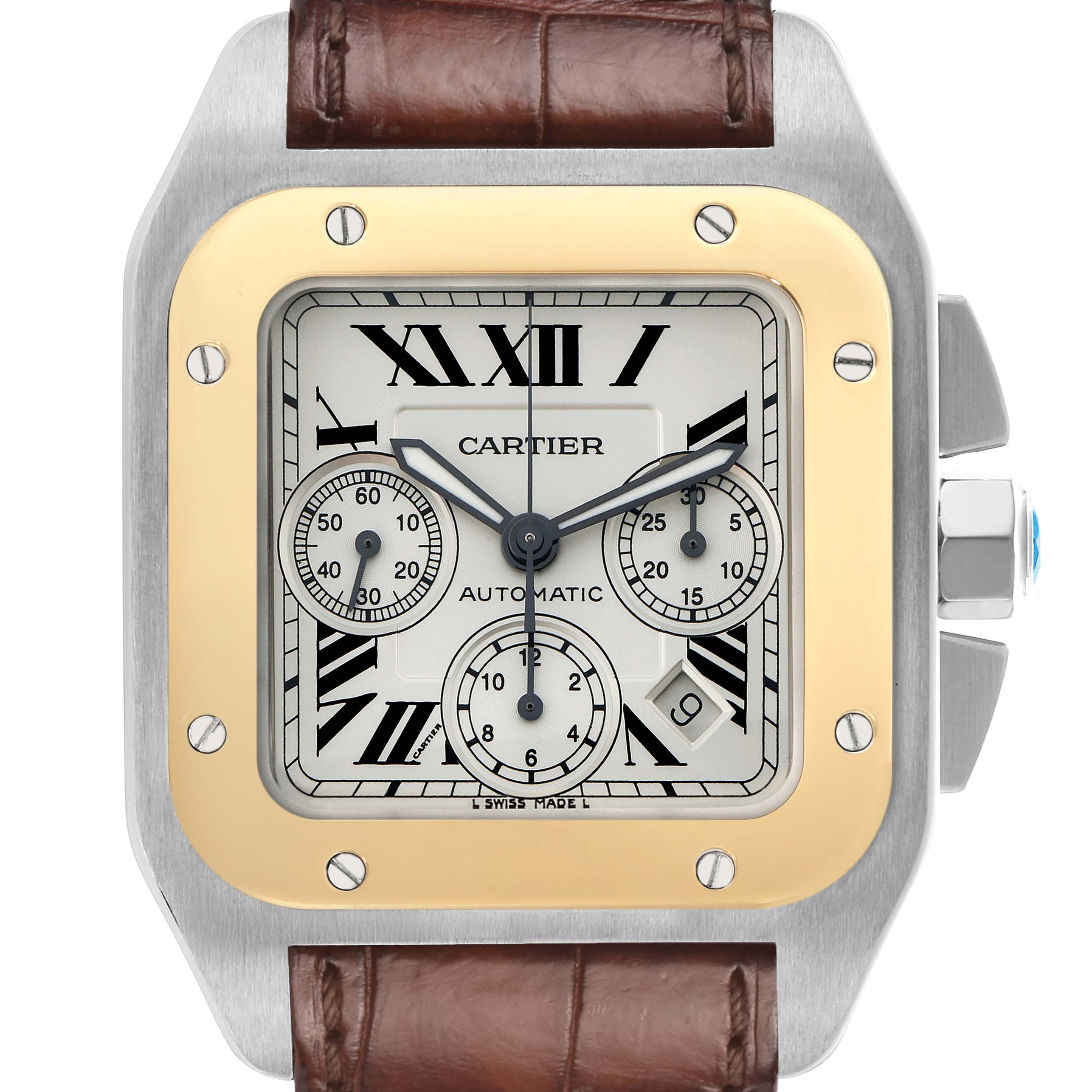 The image shows a frontal view of the Cartier Santos W20091X7 Men's Stainless Steel Silver Dial watch face, featuring a gold bezel, Roman numerals, and leather strap.