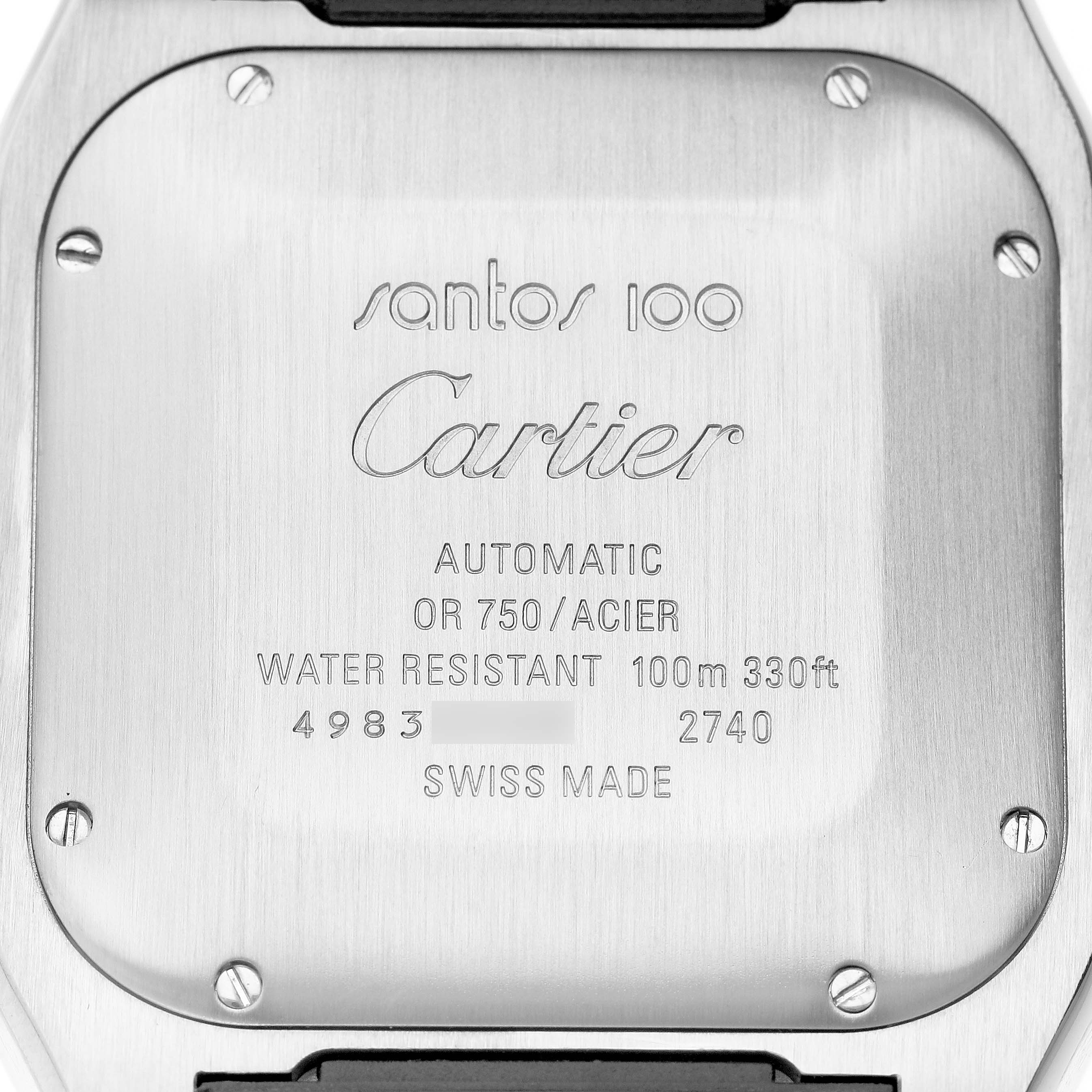 The image shows the back of a Cartier Santos W20091X7 Men's Stainless Steel Silver Dial watch, highlighting engravings and screws.