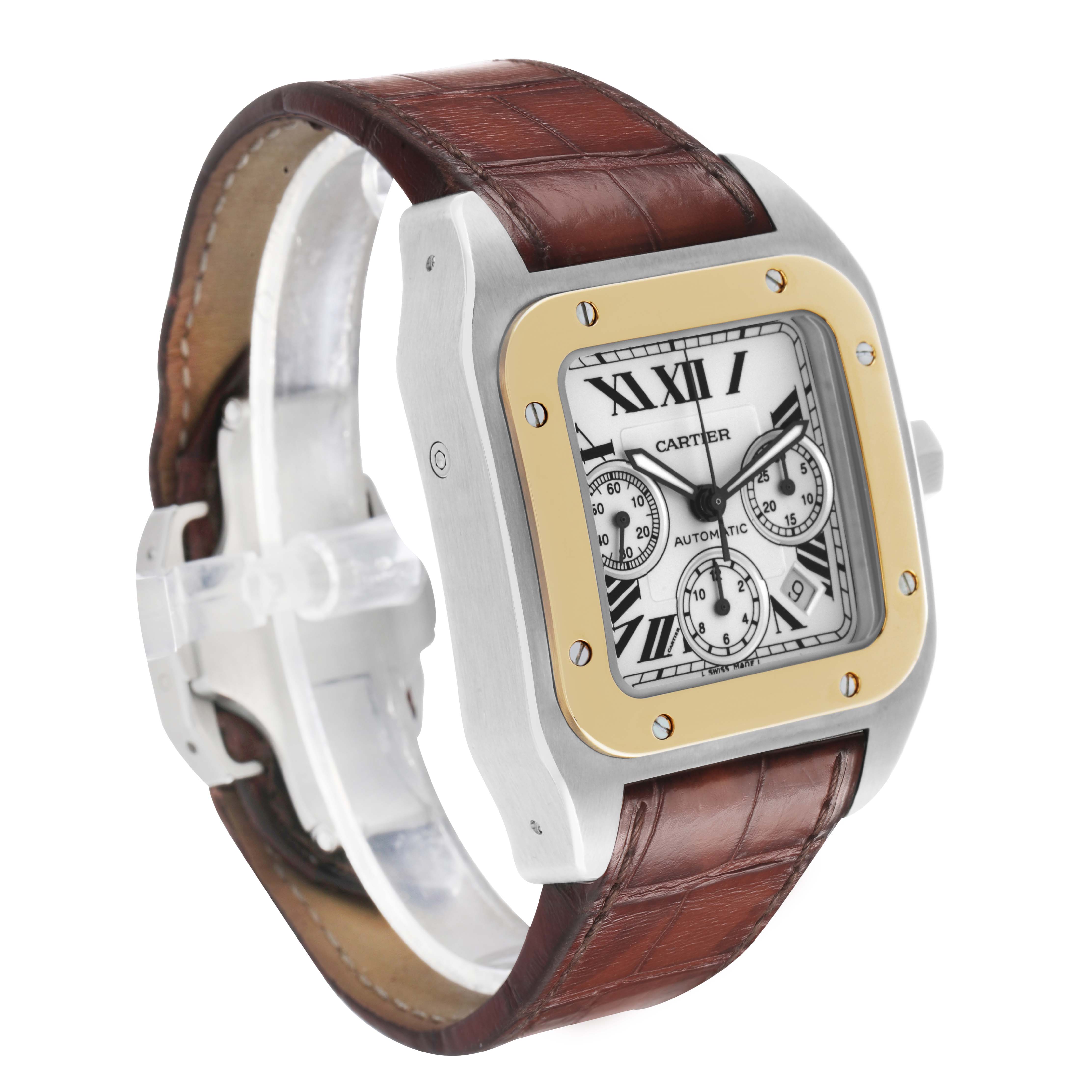 The image shows a Cartier Santos W20091X7 Men's Stainless Steel Silver Dial watch at a three-quarter angle, highlighting its square case, gold bezel, and leather strap.
