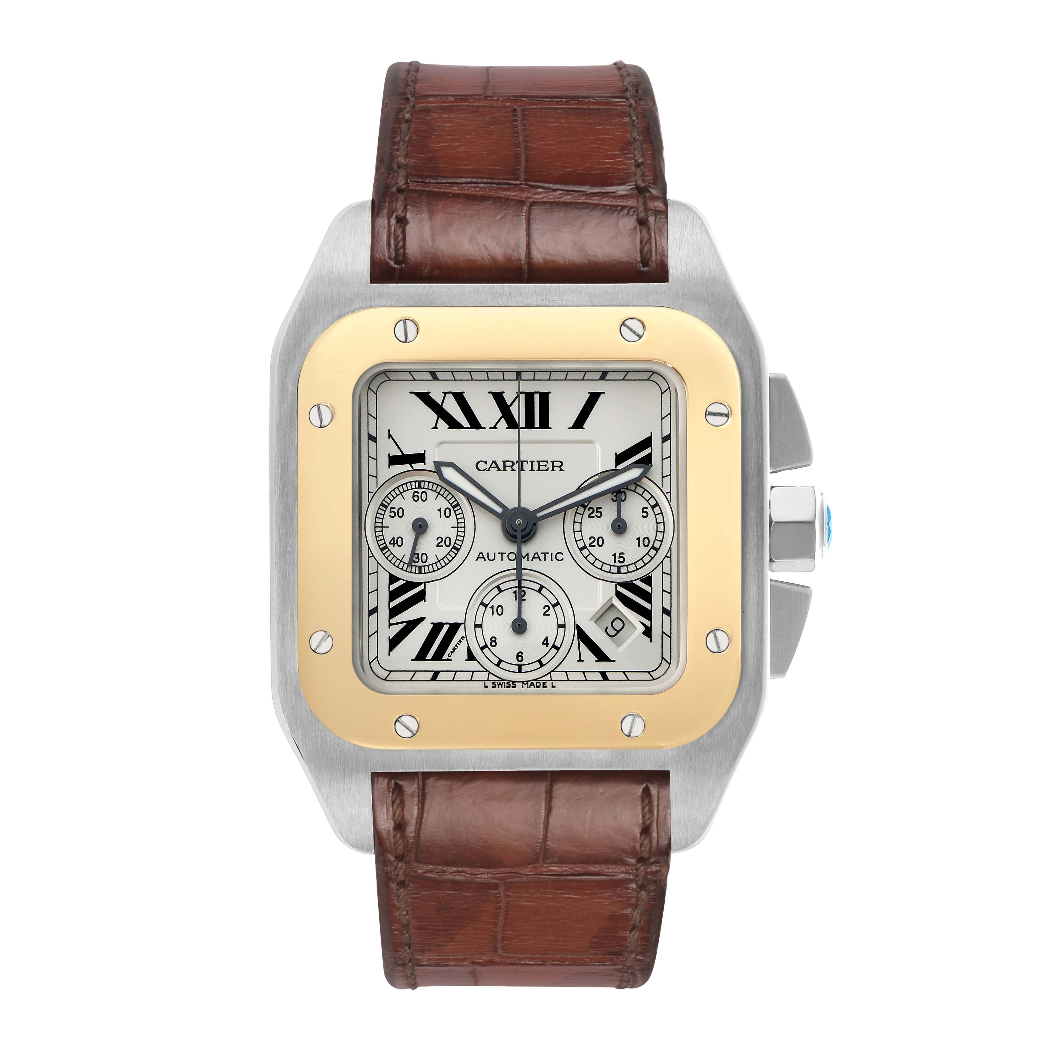 The Cartier Santos W20091X7 Men's Stainless Steel Silver Dial watch is shown from a front view, featuring its square dial, chronograph subdials, date window, and leather strap.