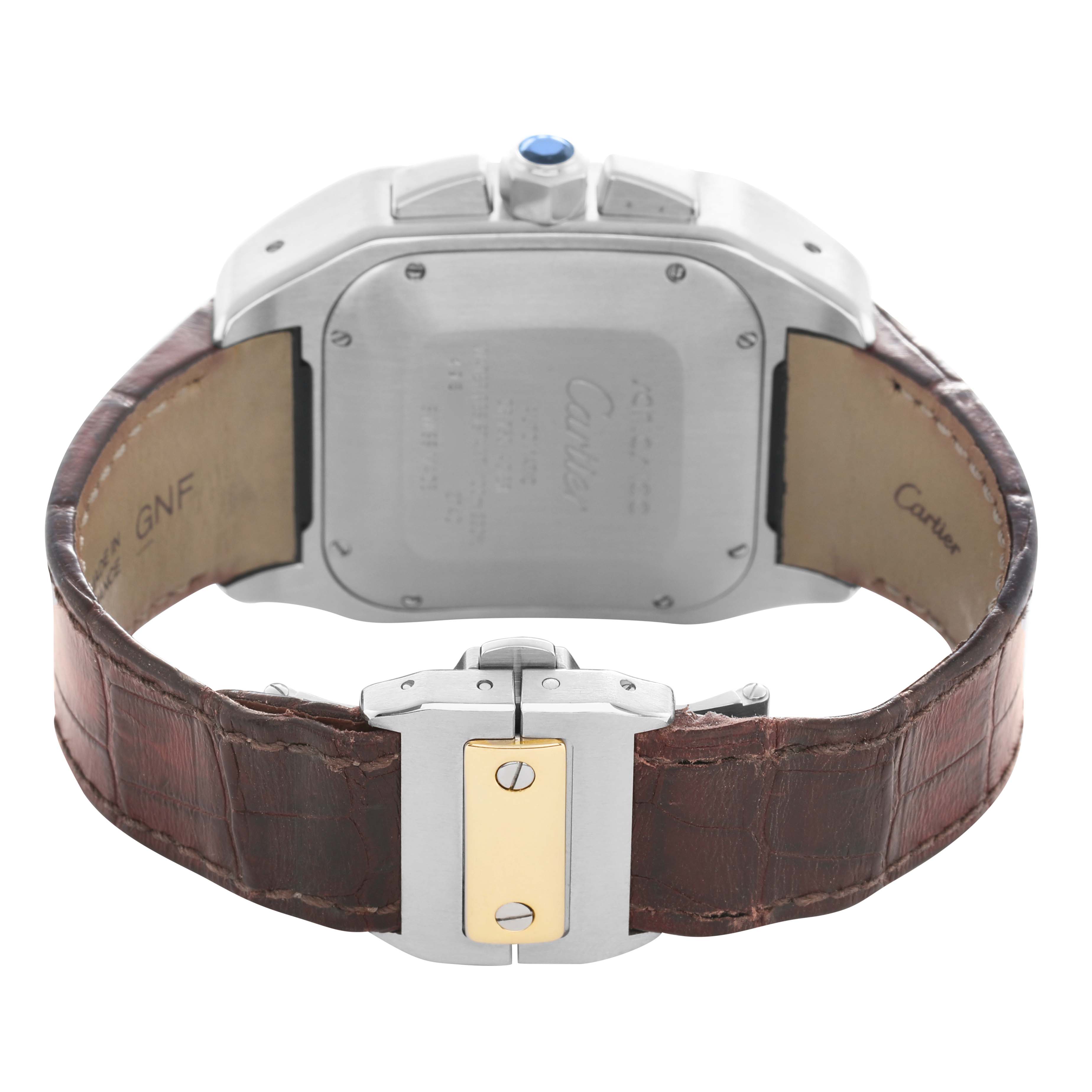 The image shows the back of the Cartier Santos W20091X7 Men's Stainless Steel Silver Dial watch, highlighting its case, buckle, and leather strap.