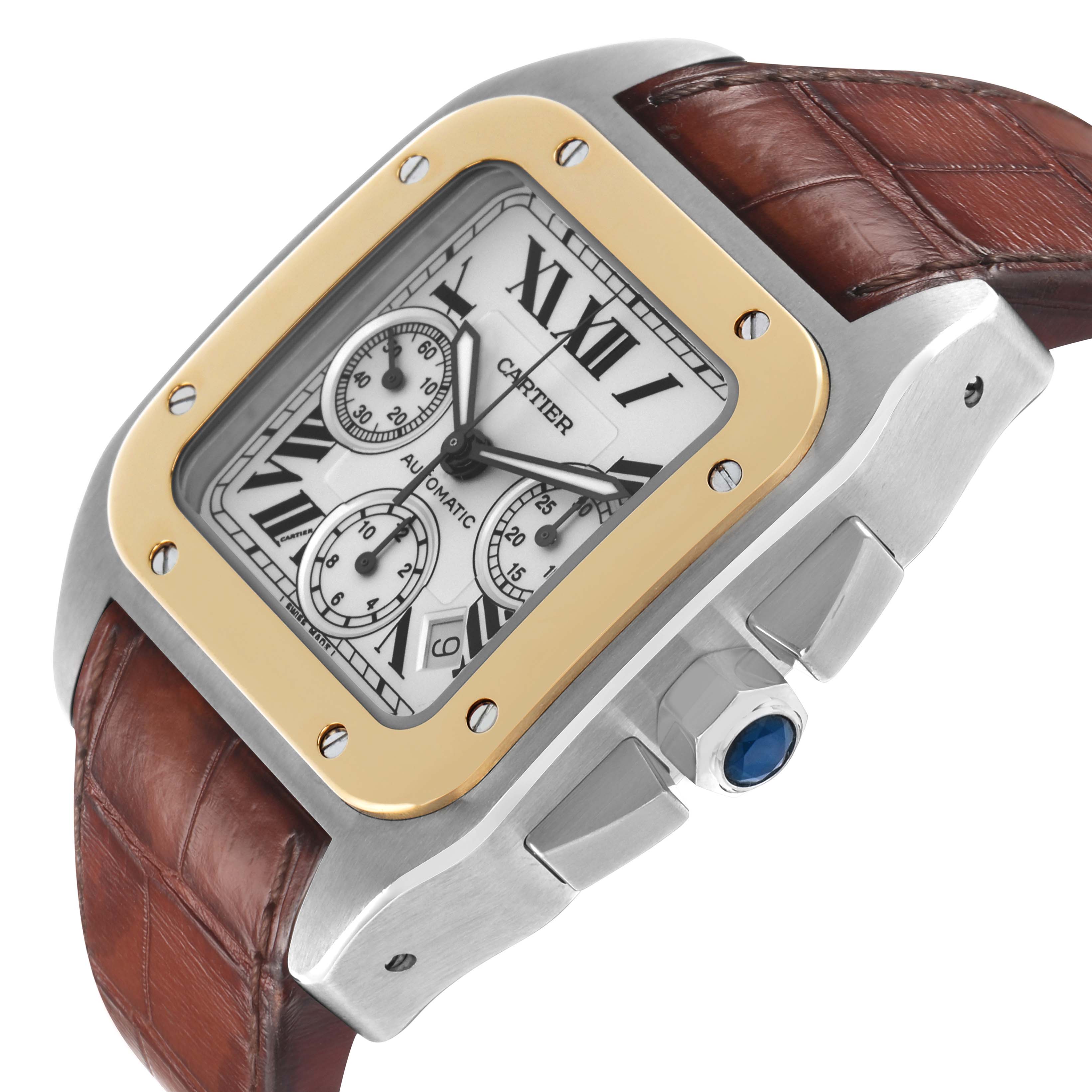 The Cartier Santos W20091X7 Men's Stainless Steel Silver Dial watch is angled to show the face, bezel, crown, leather strap, and part of the case side.