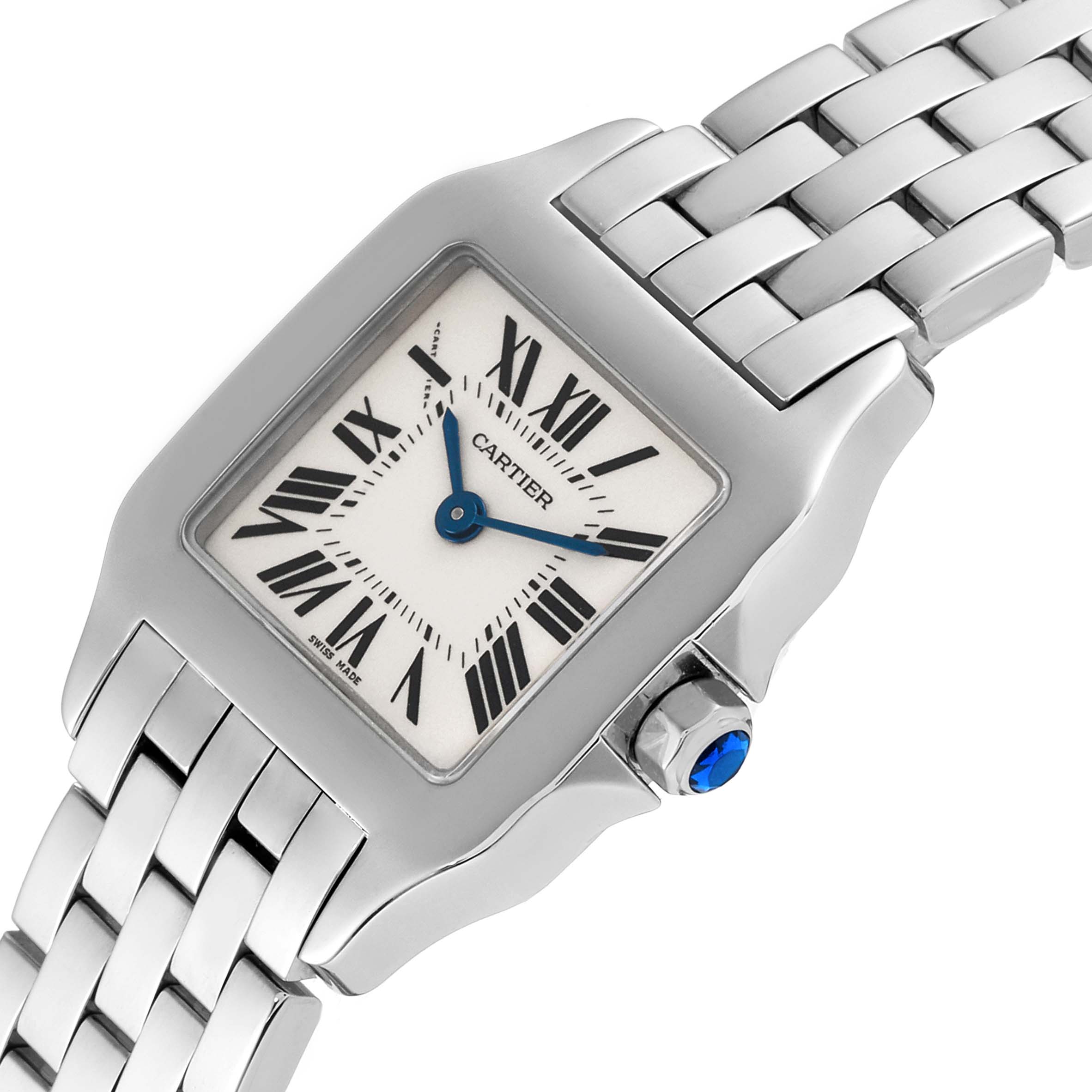 The Cartier Santos Demoiselle W25064Z5 Women's Stainless Steel Silver Dial W25064Z5 Women's Stainless Steel Silver Dial watch is shown at an angled close-up, highlighting its face, bezel, and part of the bracelet.