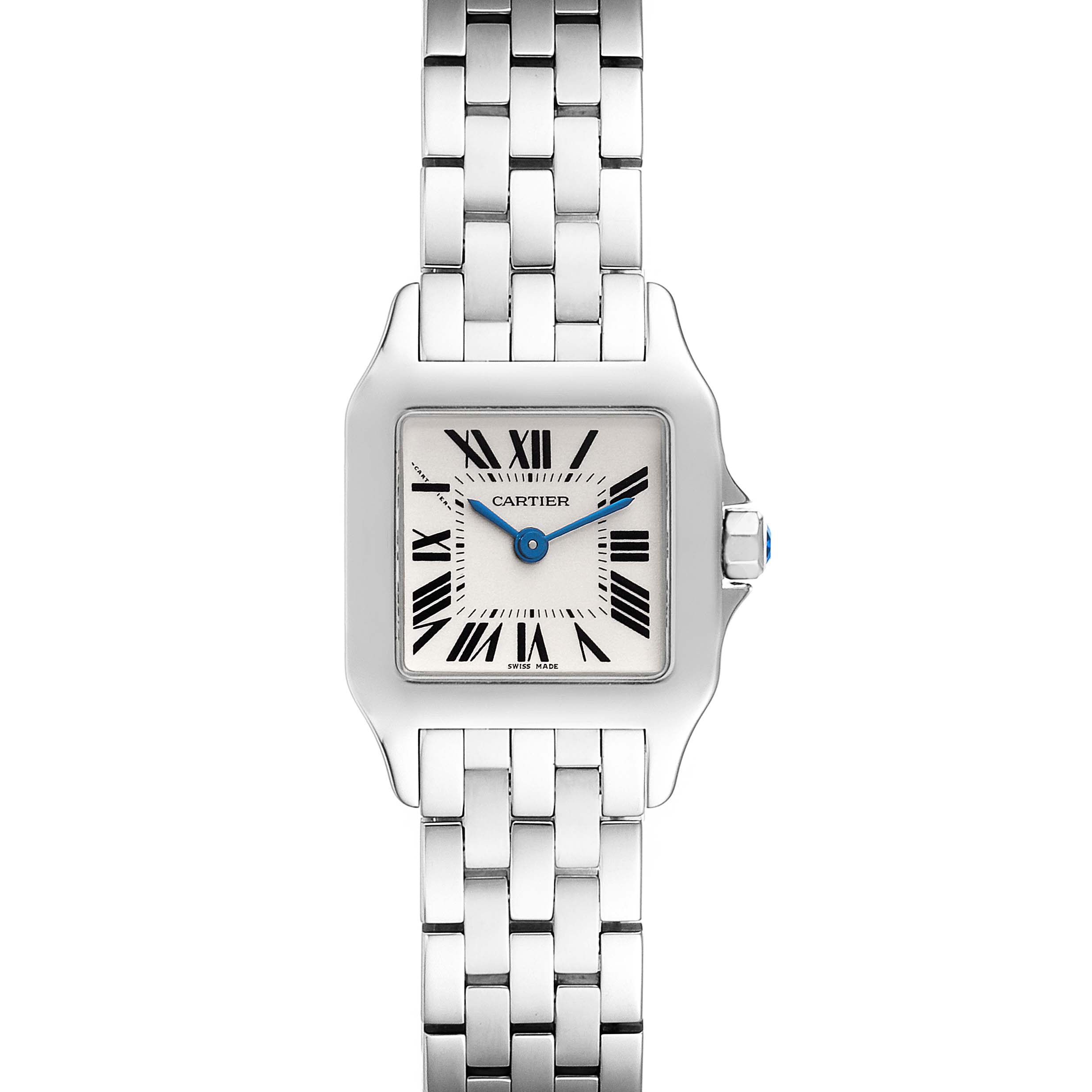 This Cartier Santos Demoiselle W25064Z5 Women's Stainless Steel Silver Dial W25064Z5 Women's Stainless Steel Silver Dial watch is shown from a front angle, displaying the face, bezel, and metal bracelet.