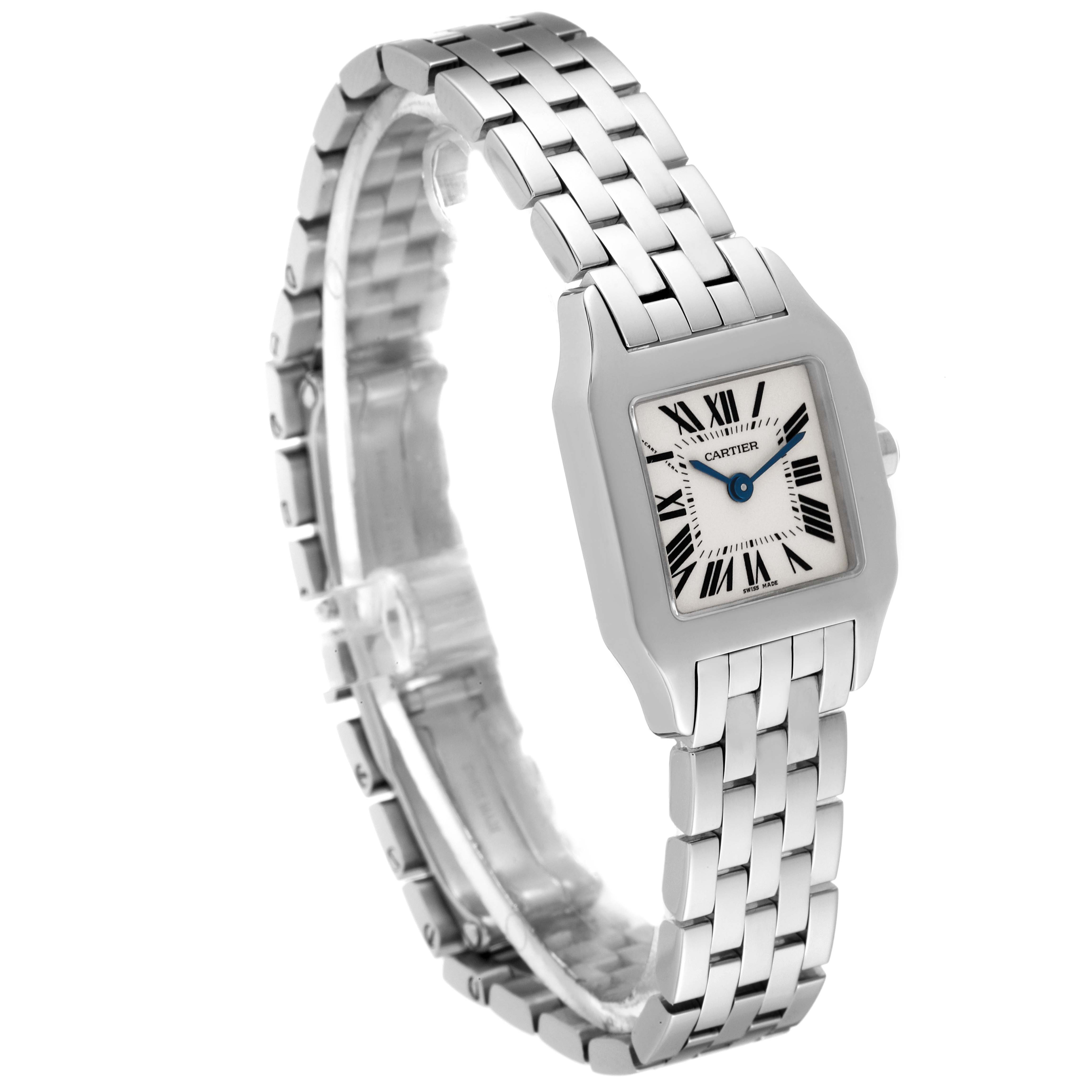This image shows a Cartier Santos Demoiselle W25064Z5 Women's Stainless Steel Silver Dial W25064Z5 Women's Stainless Steel Silver Dial watch at an angled view, displaying its face and metal bracelet.