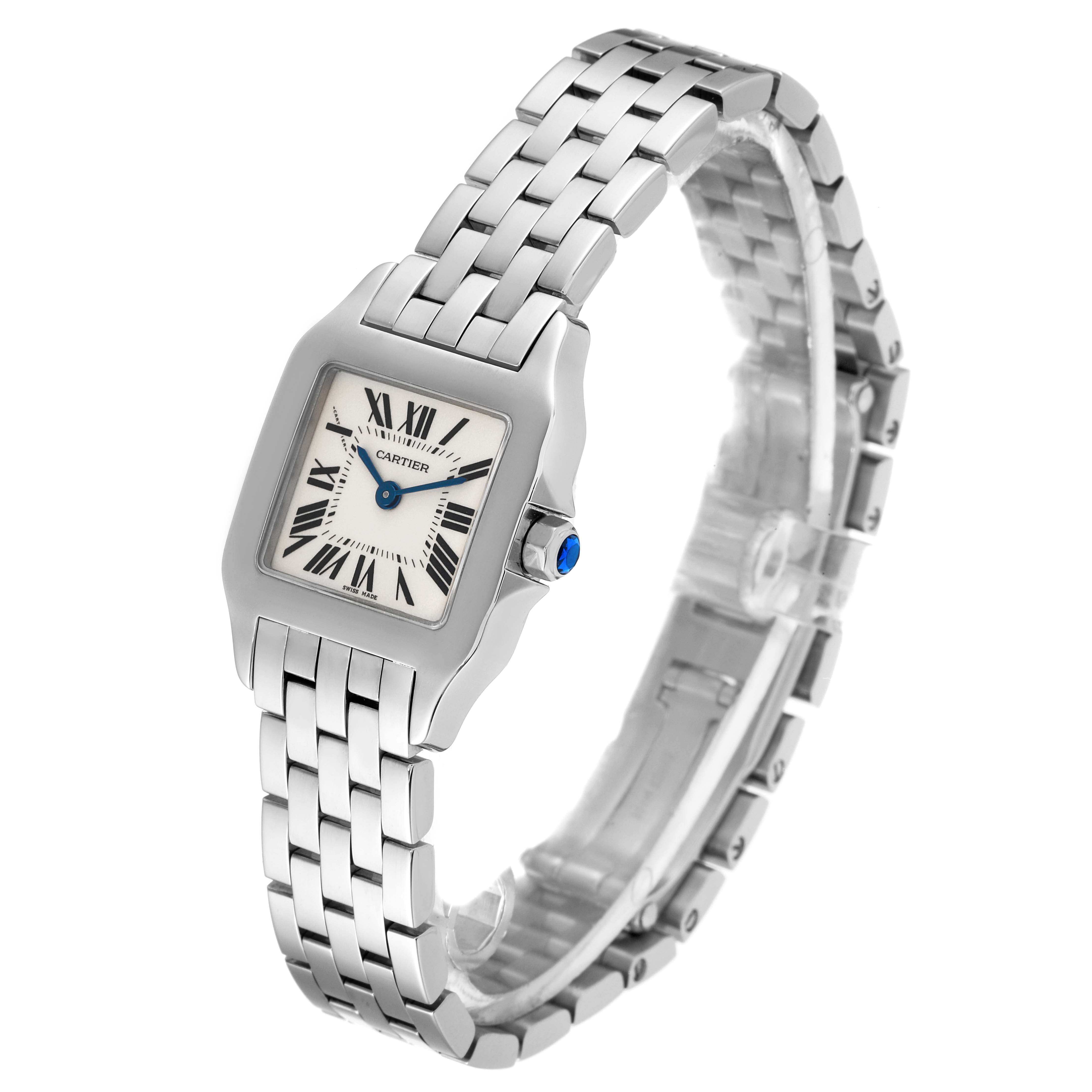 The image depicts a Cartier Santos Demoiselle W25064Z5 Women's Stainless Steel Silver Dial W25064Z5 Women's Stainless Steel Silver Dial watch from a three-quarter angle showing the face, bracelet, and crown.