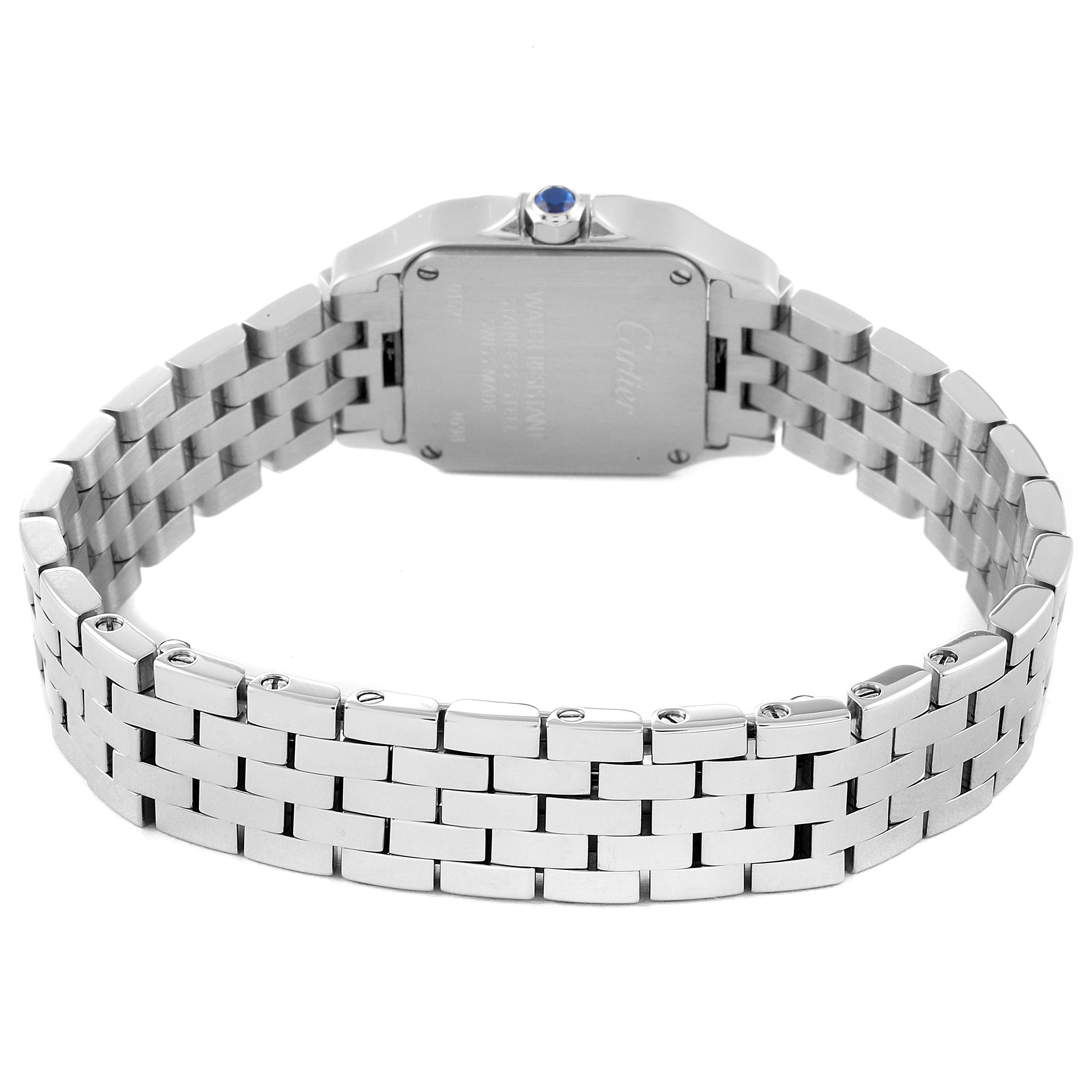 The image shows the back view of the Cartier Santos Demoiselle W25064Z5 Women's Stainless Steel Silver Dial W25064Z5 Women's Stainless Steel Silver Dial watch, highlighting the bracelet and case back.