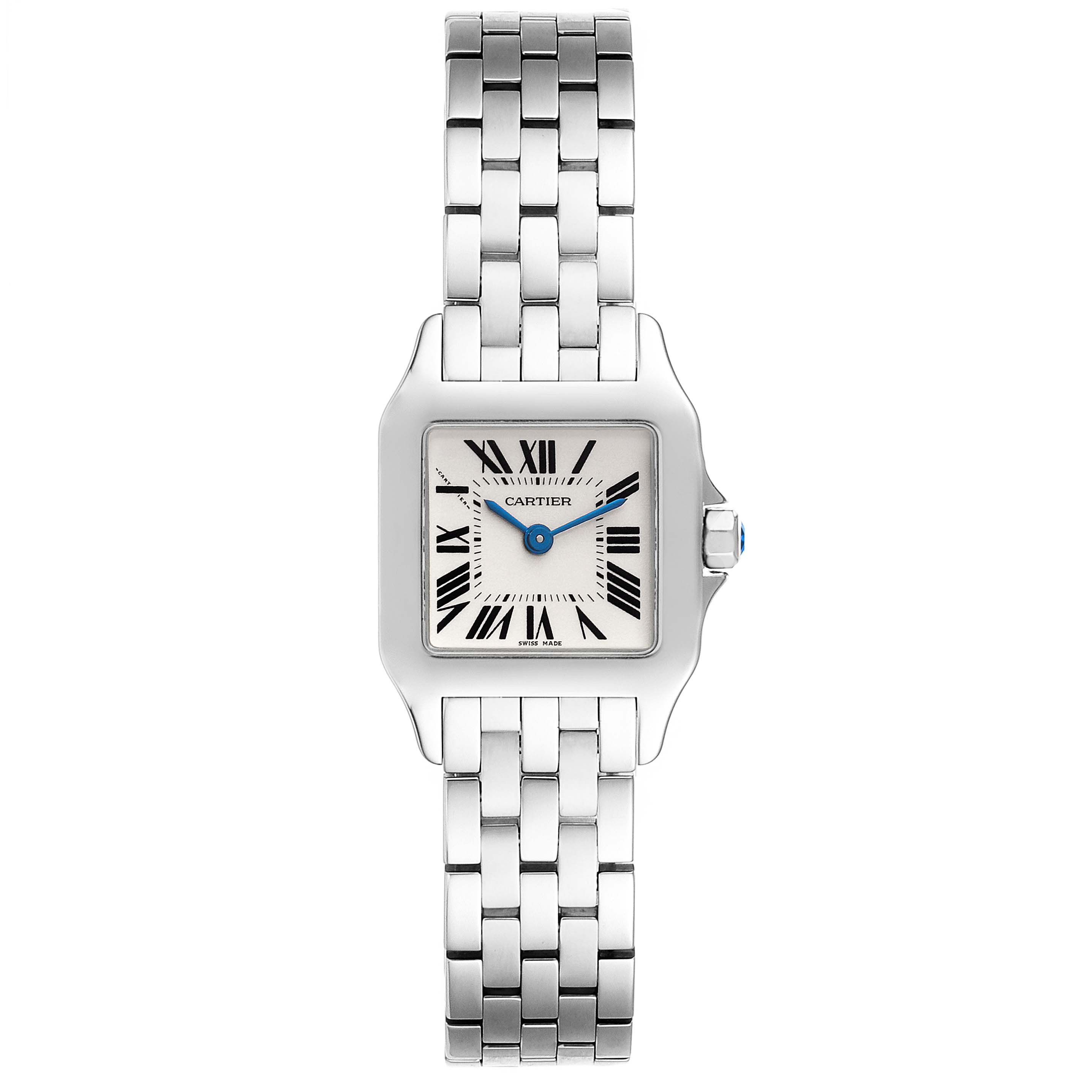 This image shows the Cartier Santos Demoiselle W25064Z5 Women's Stainless Steel Silver Dial W25064Z5 Women's Stainless Steel Silver Dial watch from a front angle, featuring its face, bracelet, and crown.