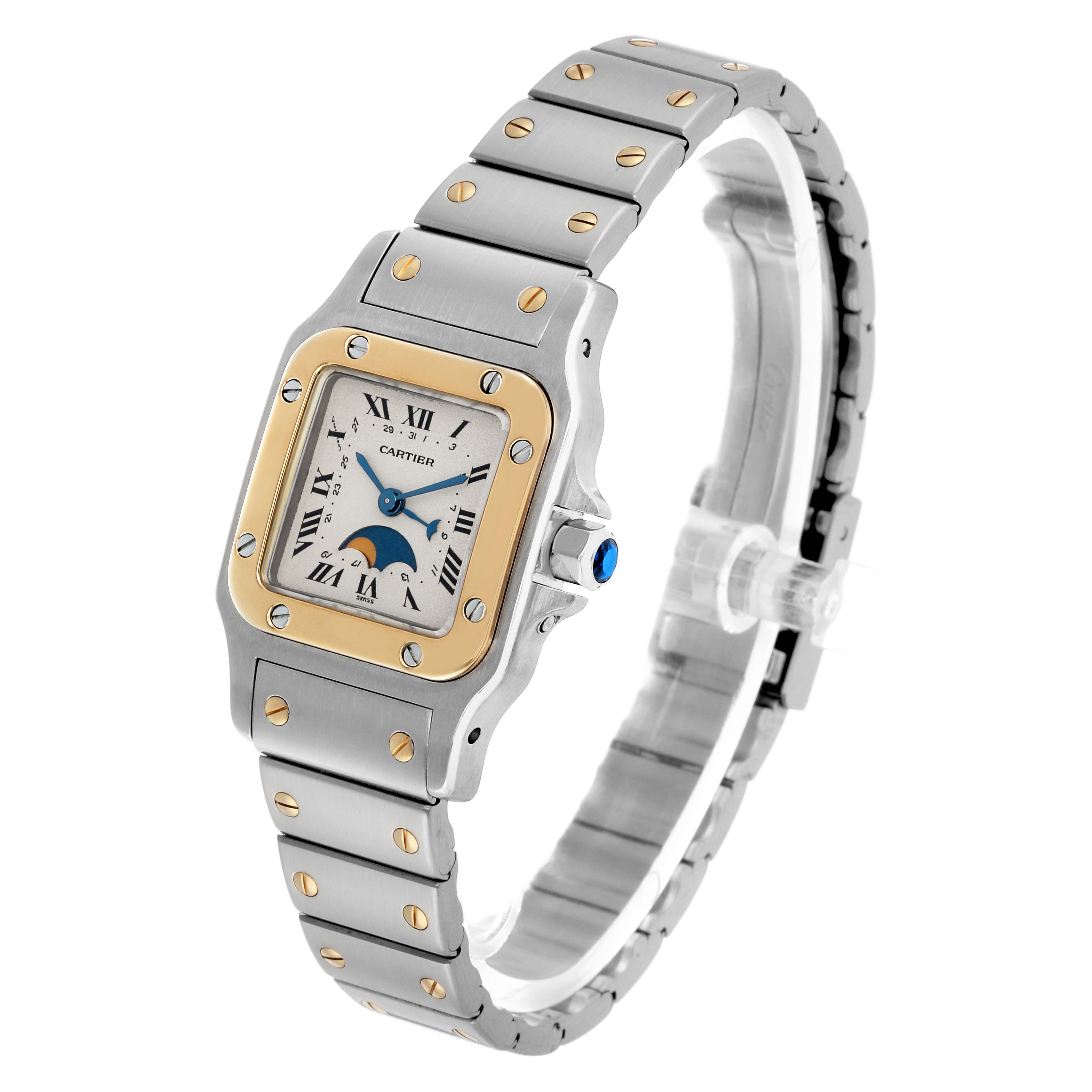 The Cartier Santos W20008C4 Women's Steel and Gold (two tone) Silver Dial watch is shown at an angle highlighting the face, bezel, crown, and bracelet with visible screws.