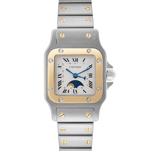 The Cartier Santos W20008C4 Women's Steel and Gold (two tone) Silver Dial watch is shown from the front, featuring its square dial, gold bezel, silver strap, and blue hands.