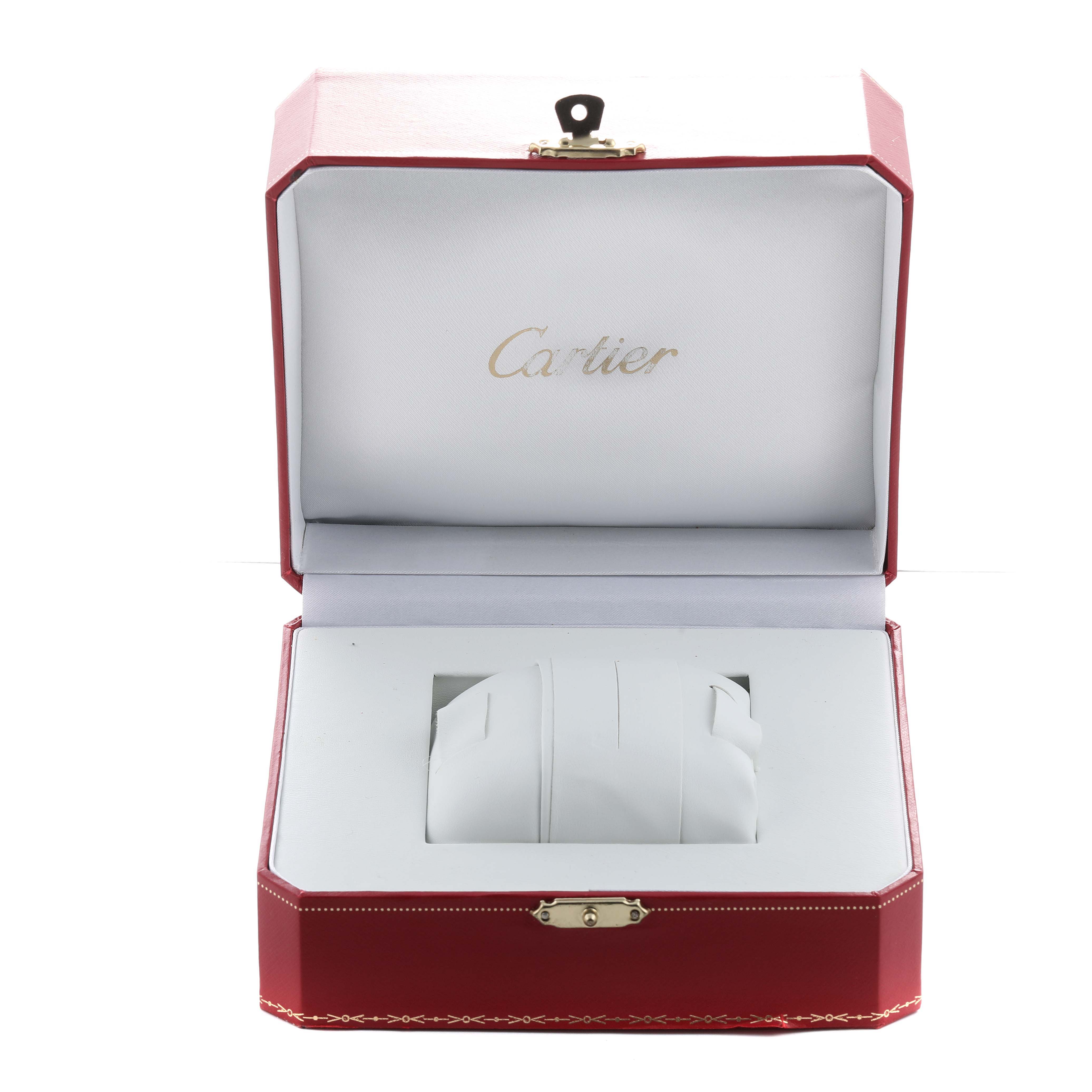 The image shows an open red Cartier box with a white interior, designed for a Santos model watch, without the watch inside.