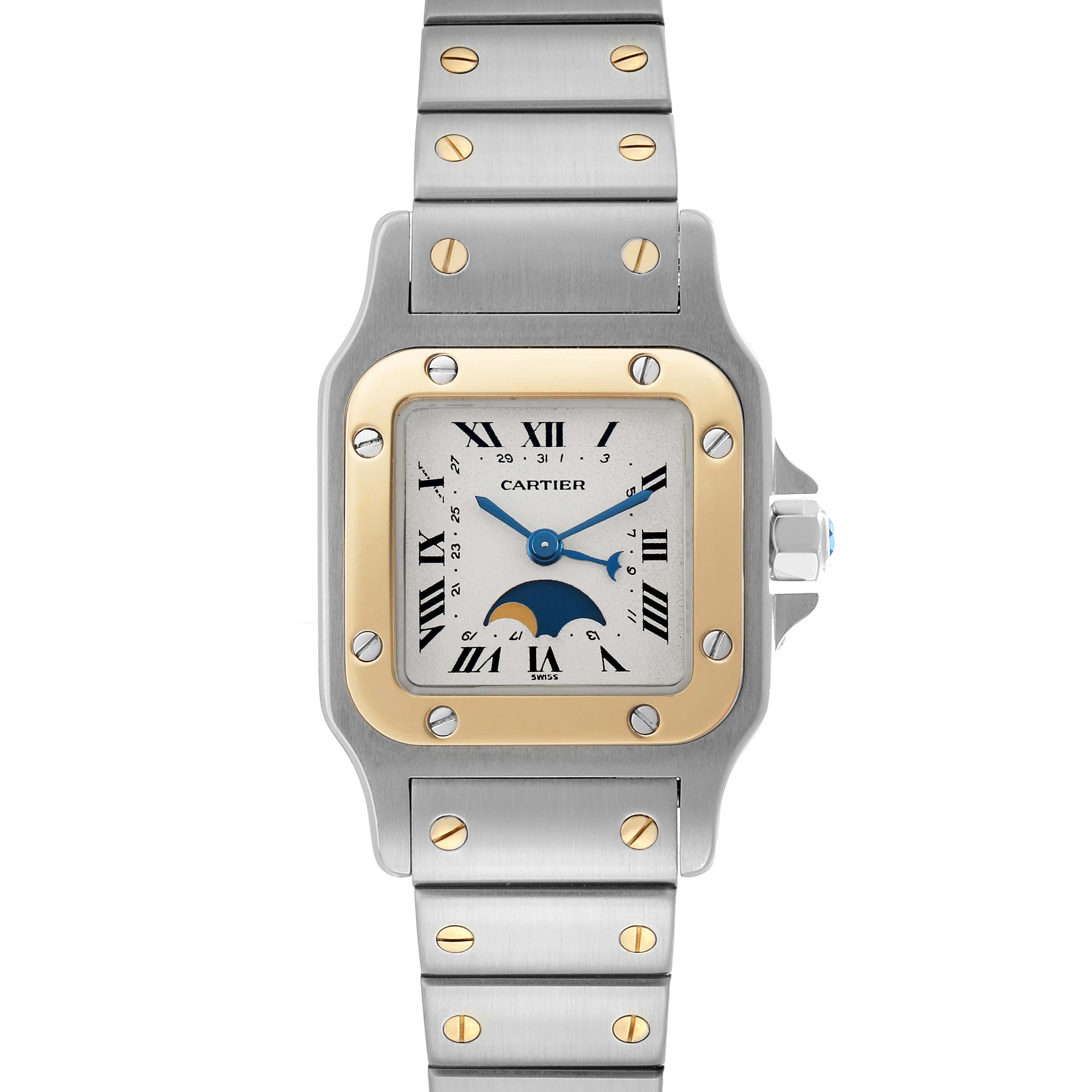 The Cartier Santos W20008C4 Women's Steel and Gold (two tone) Silver Dial watch is shown from the front, highlighting the face, bezel, and metal bracelet.